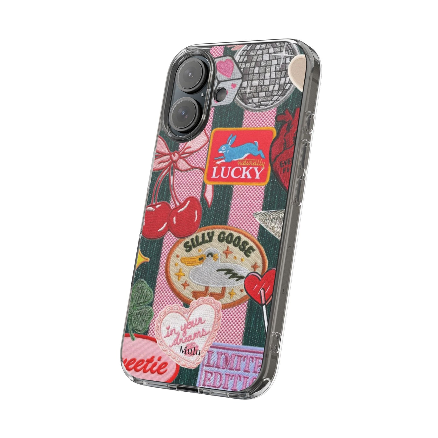 Clear Impact-Resistant Phone Case — Retro Patchwork Stickers (Lucky, Cherries, Silly Goose)
