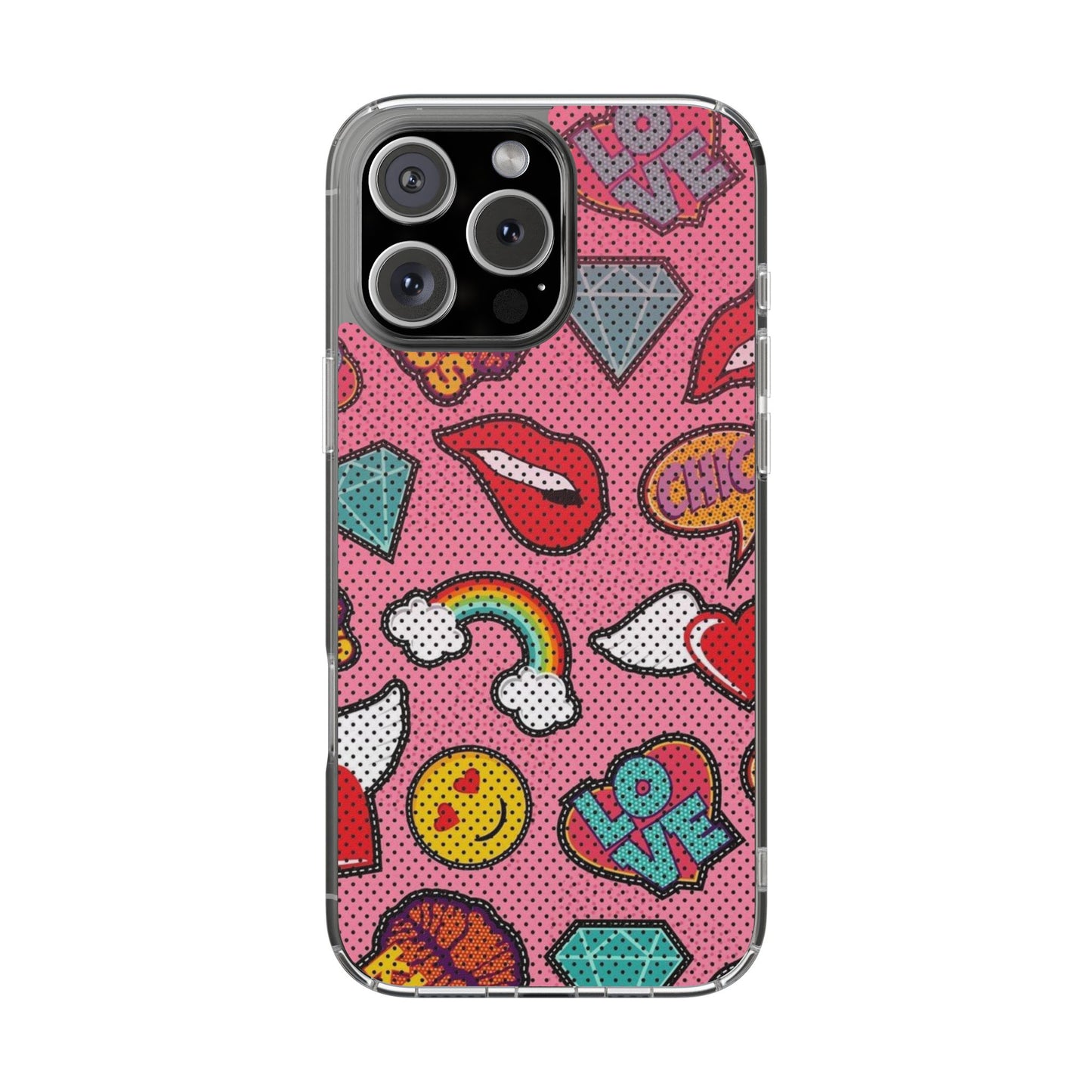 Clear Impact-Resistant Phone Case — Pink Pop Sticker Pattern (Hearts, Rainbows, Smileys)