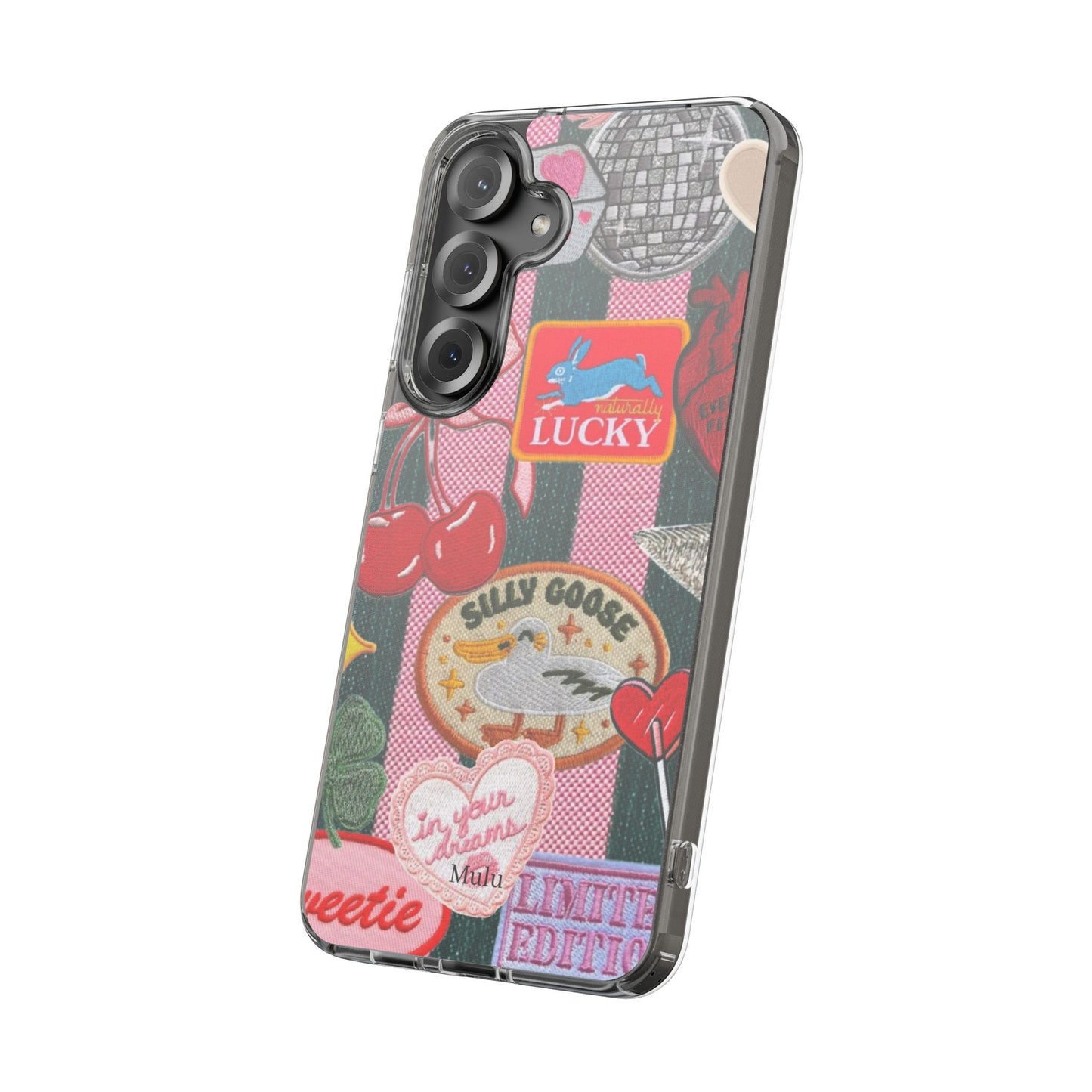 Clear Impact-Resistant Phone Case — Retro Patchwork Stickers (Lucky, Cherries, Silly Goose)