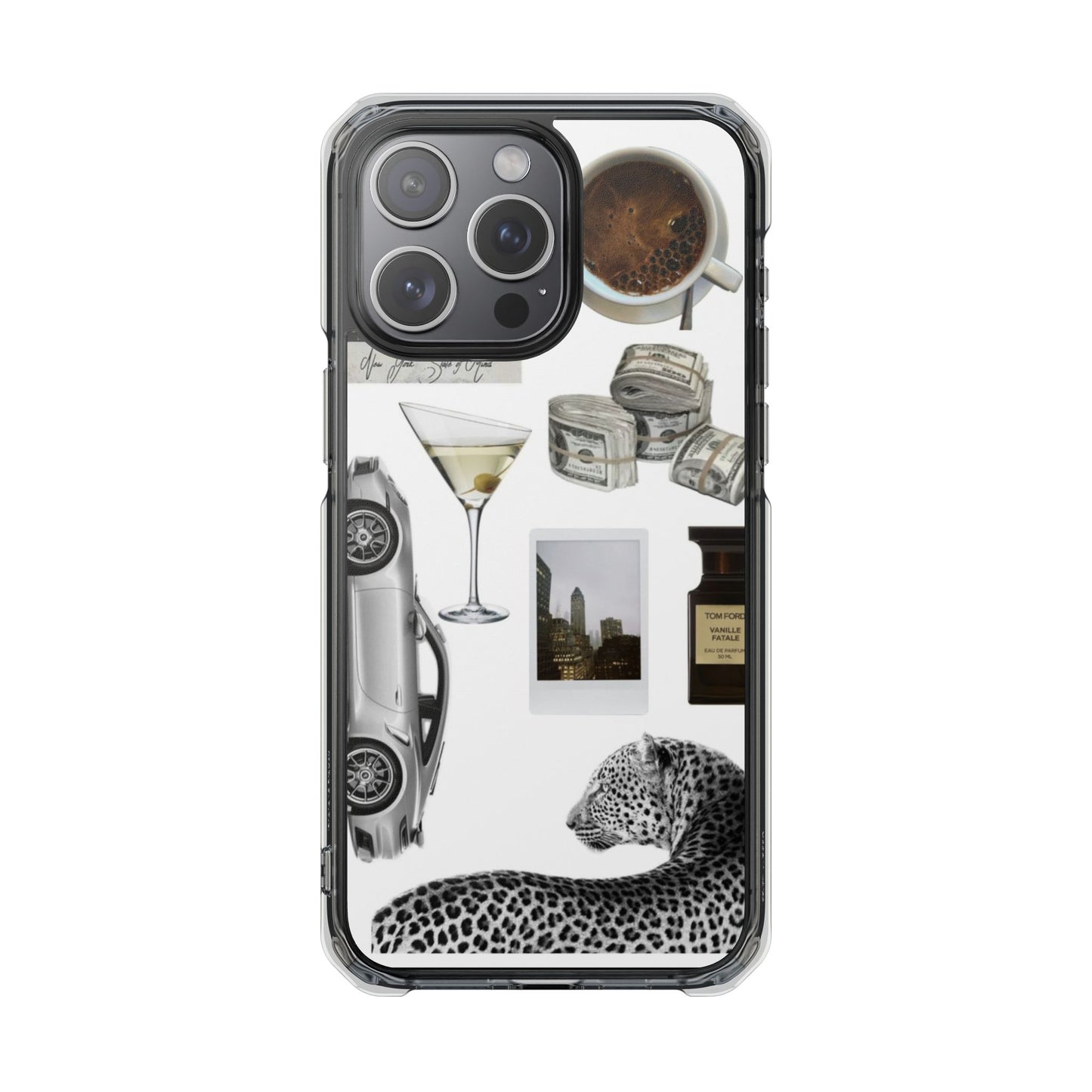 Clear Impact Phone Case — Luxe Collage (Leopard, Martini, Coffee & Vintage Car)