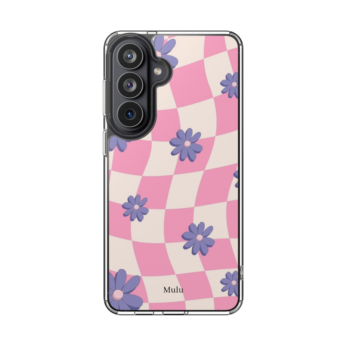 Clear Impact Phone Case — Pink Checkerboard with Purple Flowers