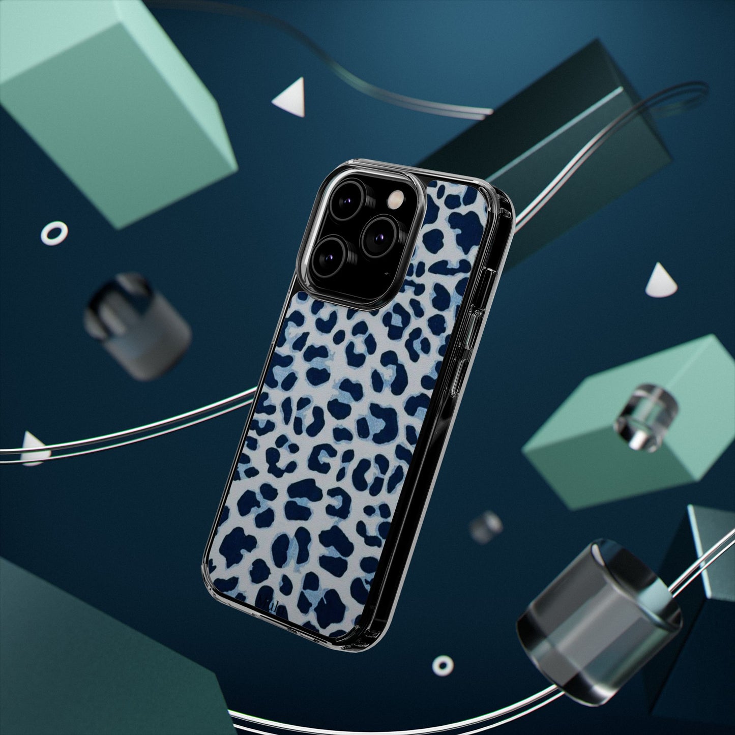 Clear Impact-Resistant Phone Case — Blue Watercolor Leopard Print
