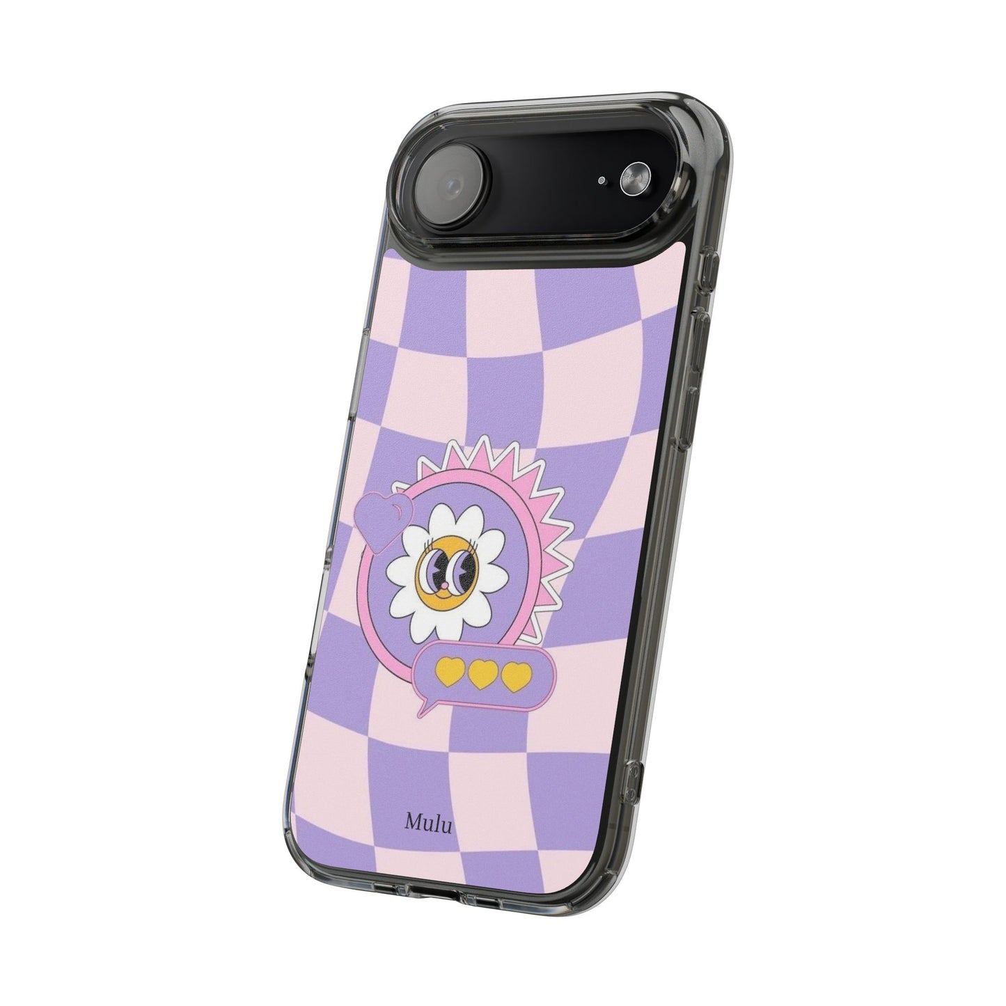 Clear Impact-Resistant Case — Cute Purple Checkerboard Dino with 'Mulu'