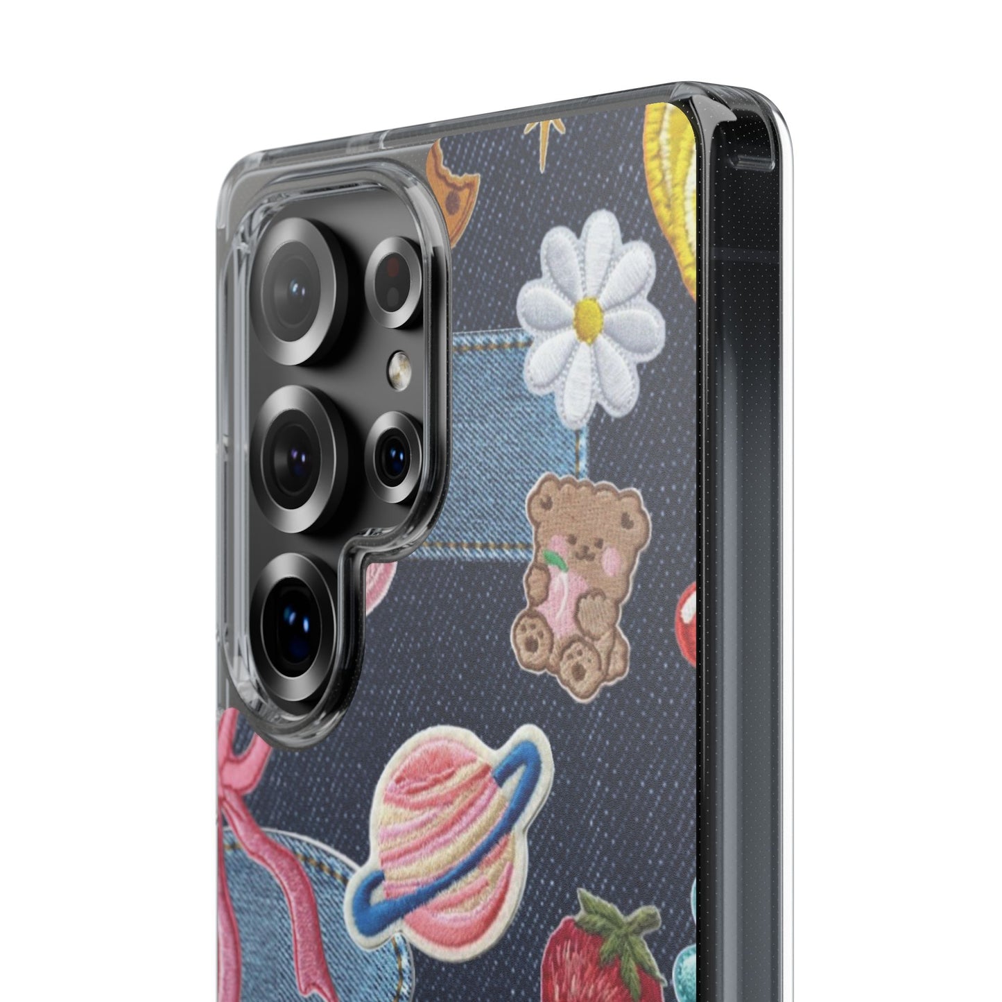 Clear Impact-Resistant Phone Case — Cute Denim Patch Collage (Teddy, Strawberry, Planet)