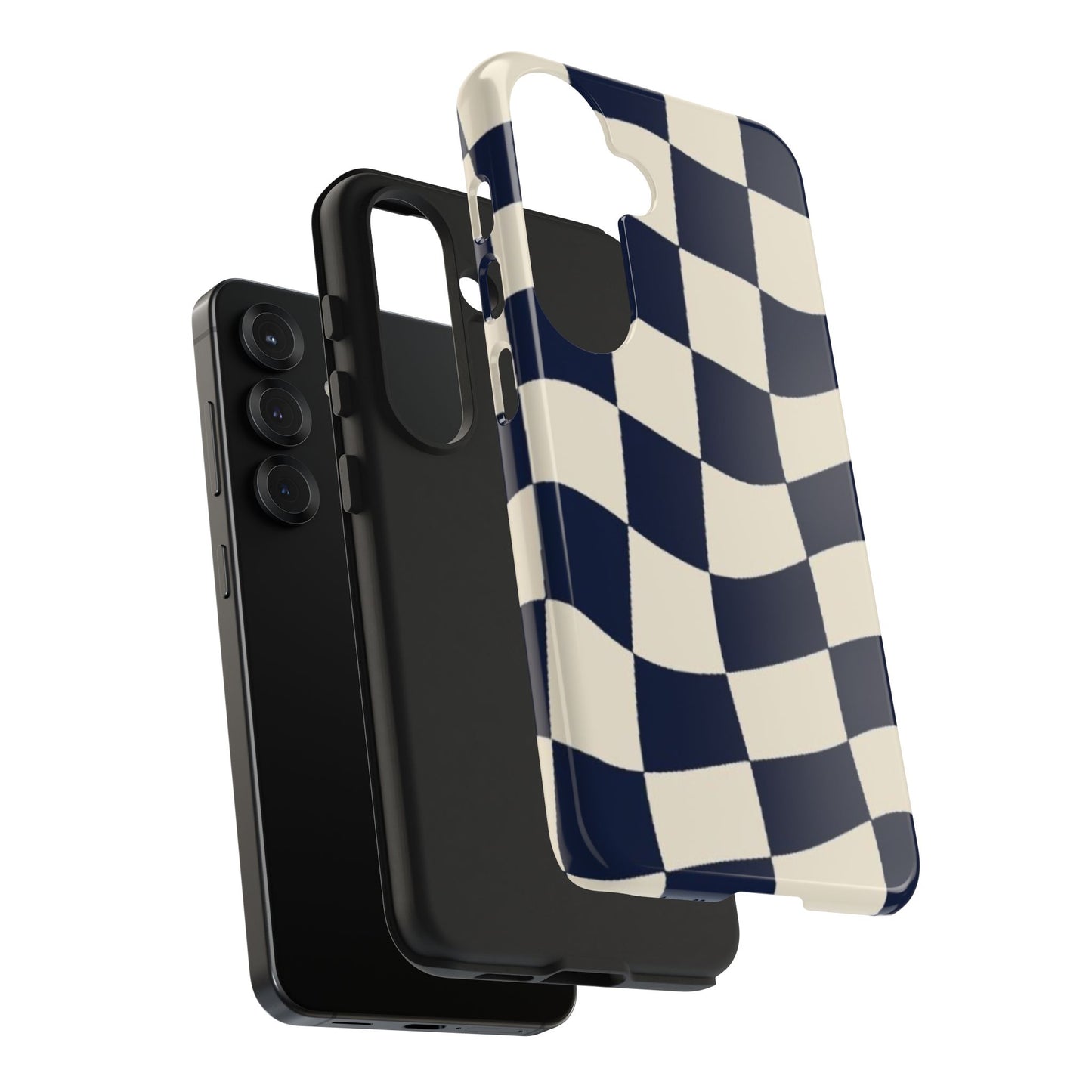 Wavy Checkerboard Tough Phone Case — Navy & Cream Protective Cover