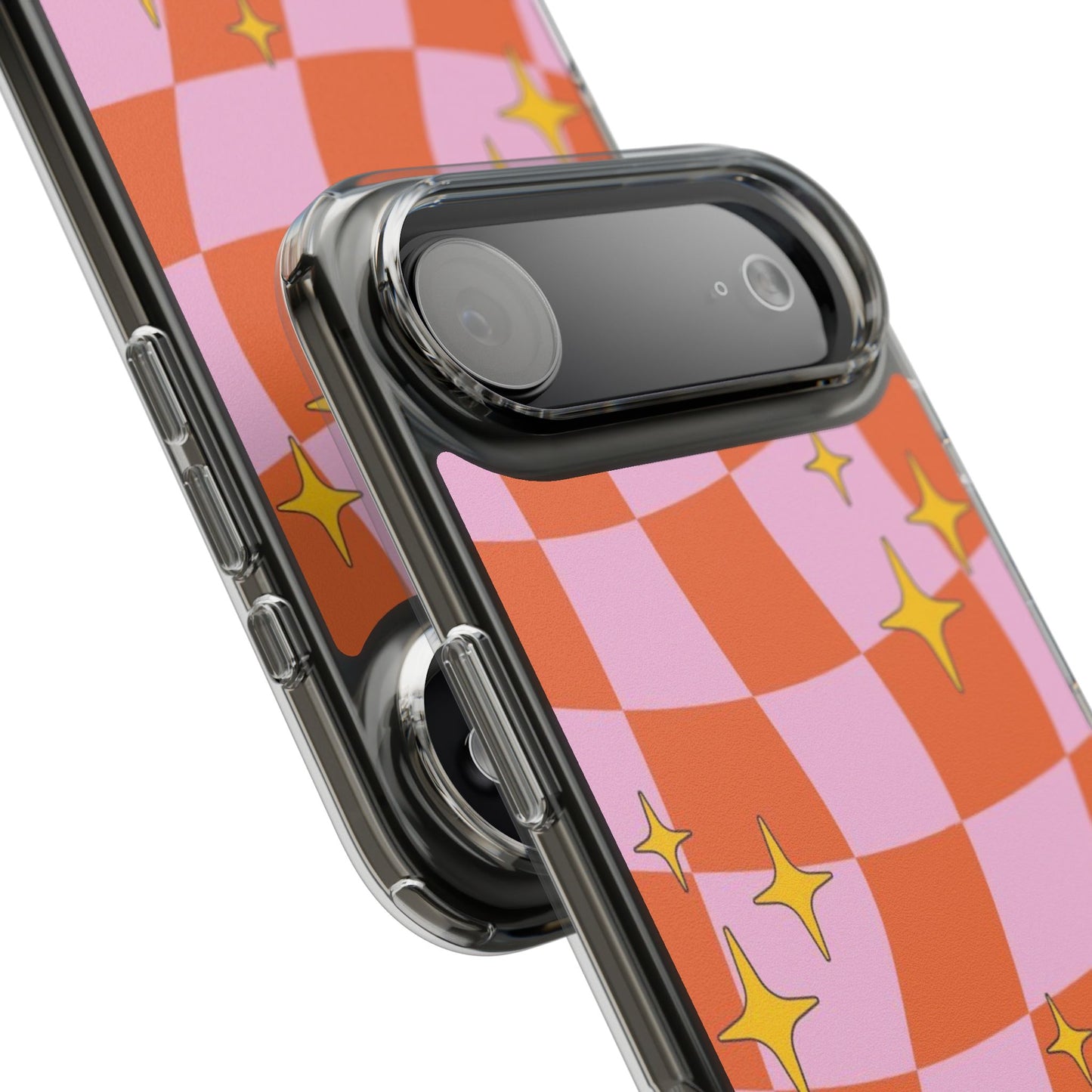 Clear Impact-Resistant Case — Retro Pink & Orange Checker with Sparkle Stars