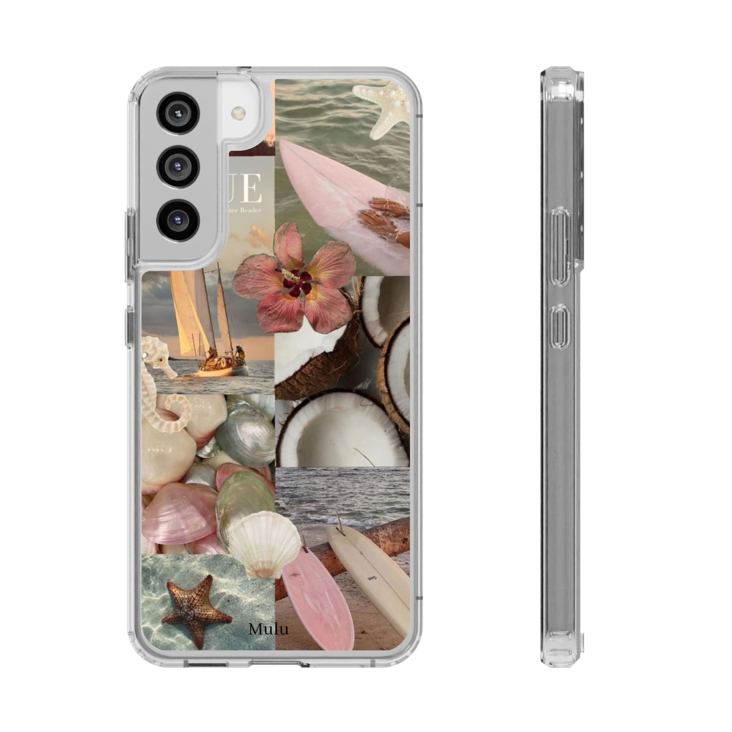 Clear Phone Case — Coastal Collage Shells & Surf Design