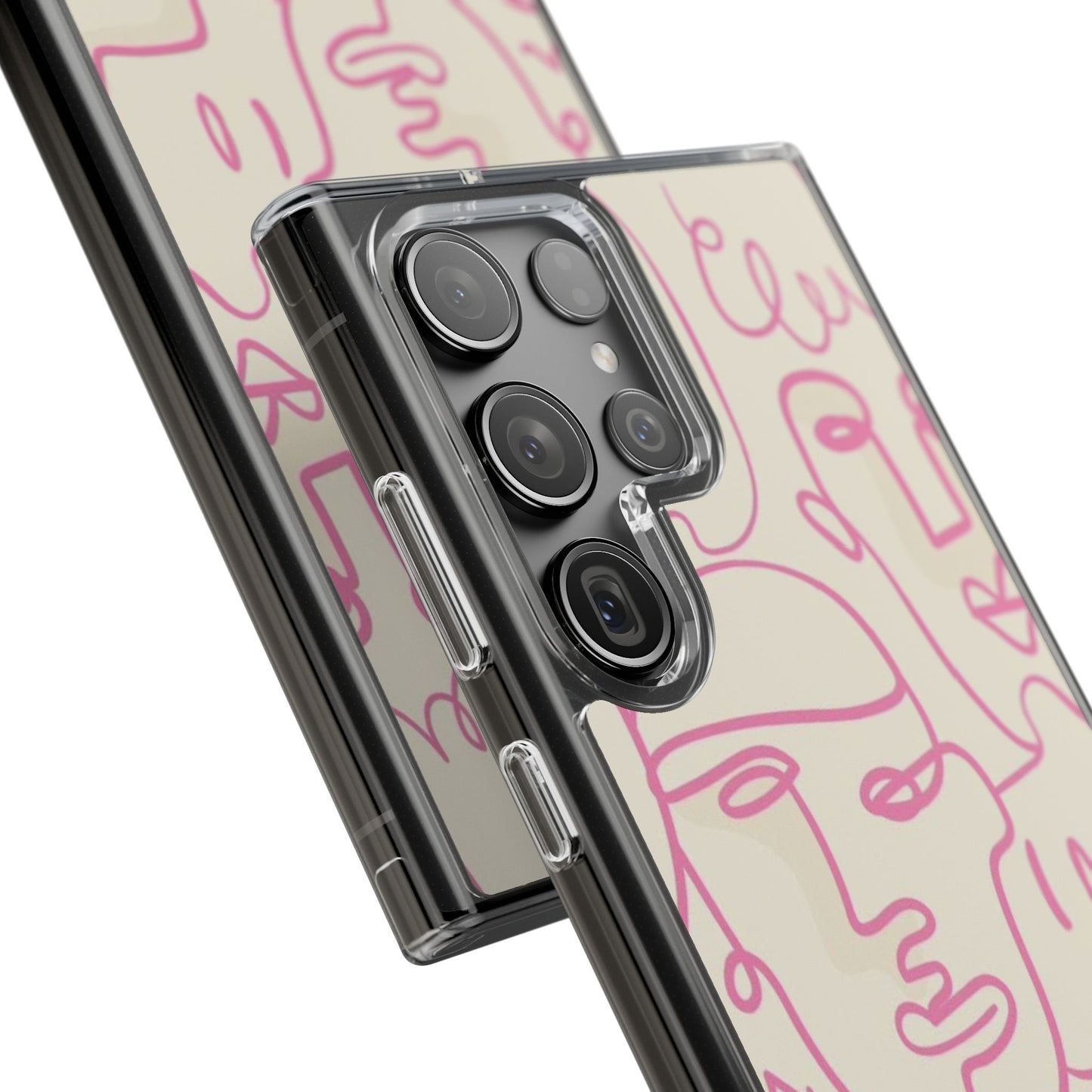 Clear Impact-Resistant Phone Case — Pink Minimalist Line Faces Design