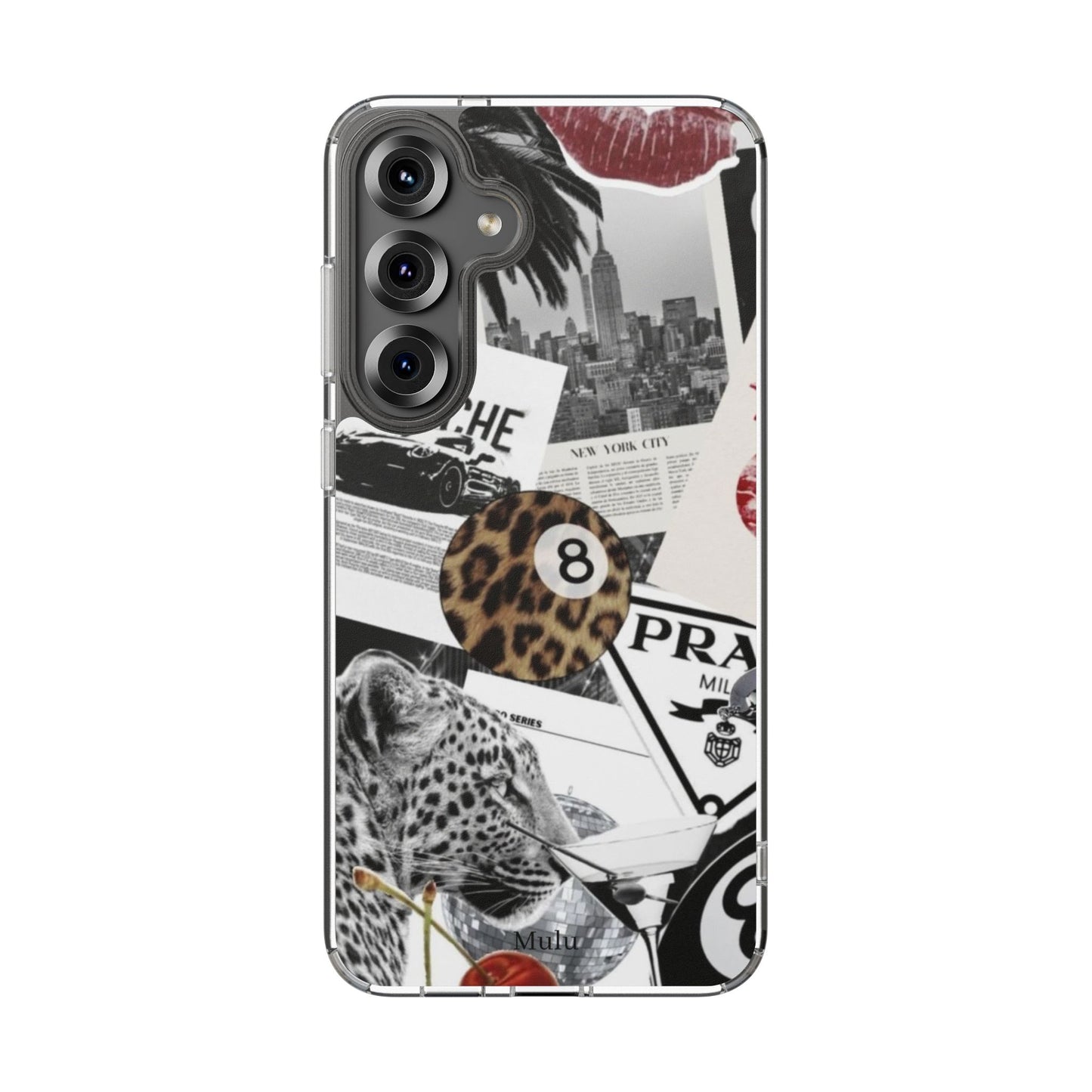 Clear Impact-Resistant Phone Case — Collage Luxury Leopard & Vintage Car Design