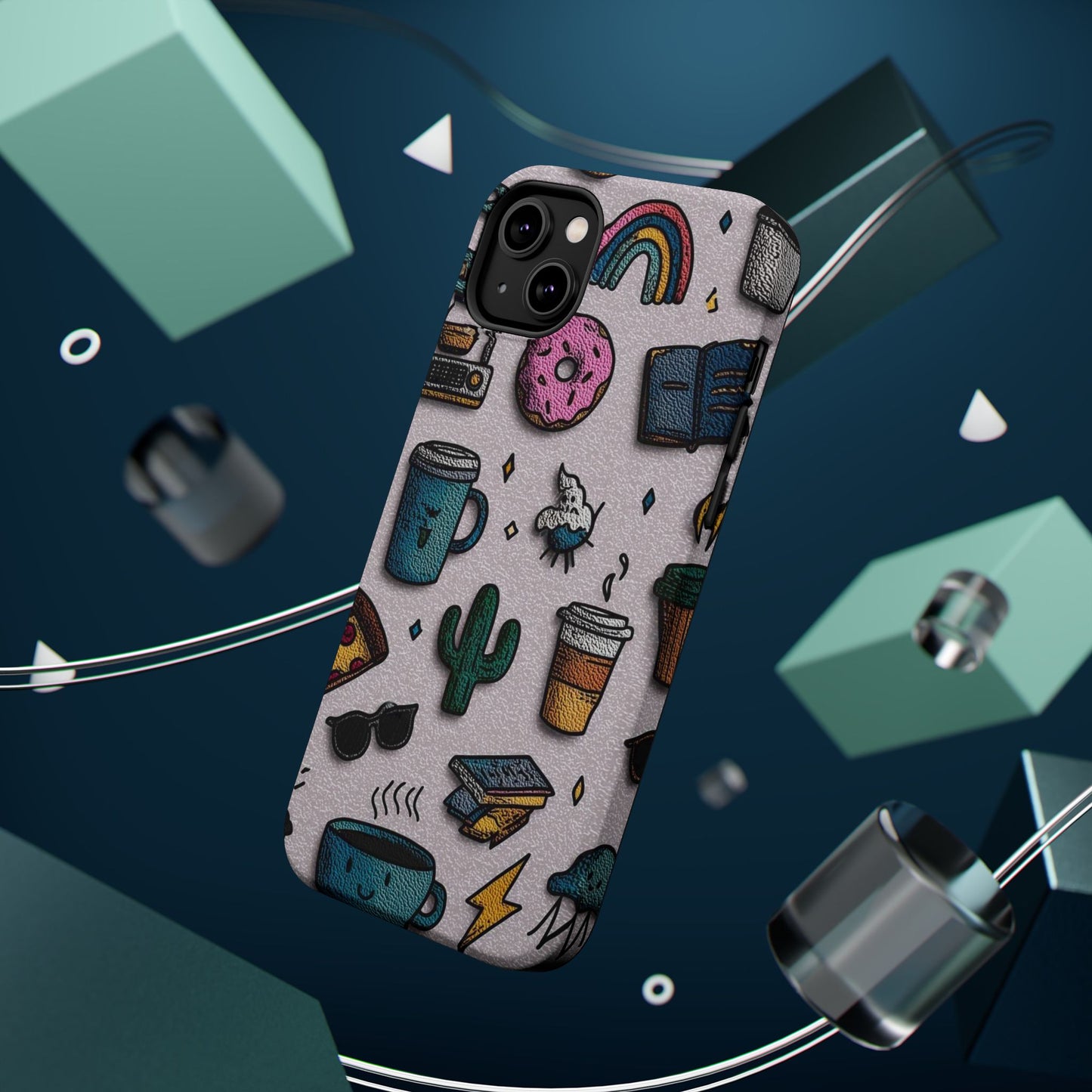 Cute Doodle Phone Case — Magnetic Impact-Resistant Design (coffee, rainbow, cactus)