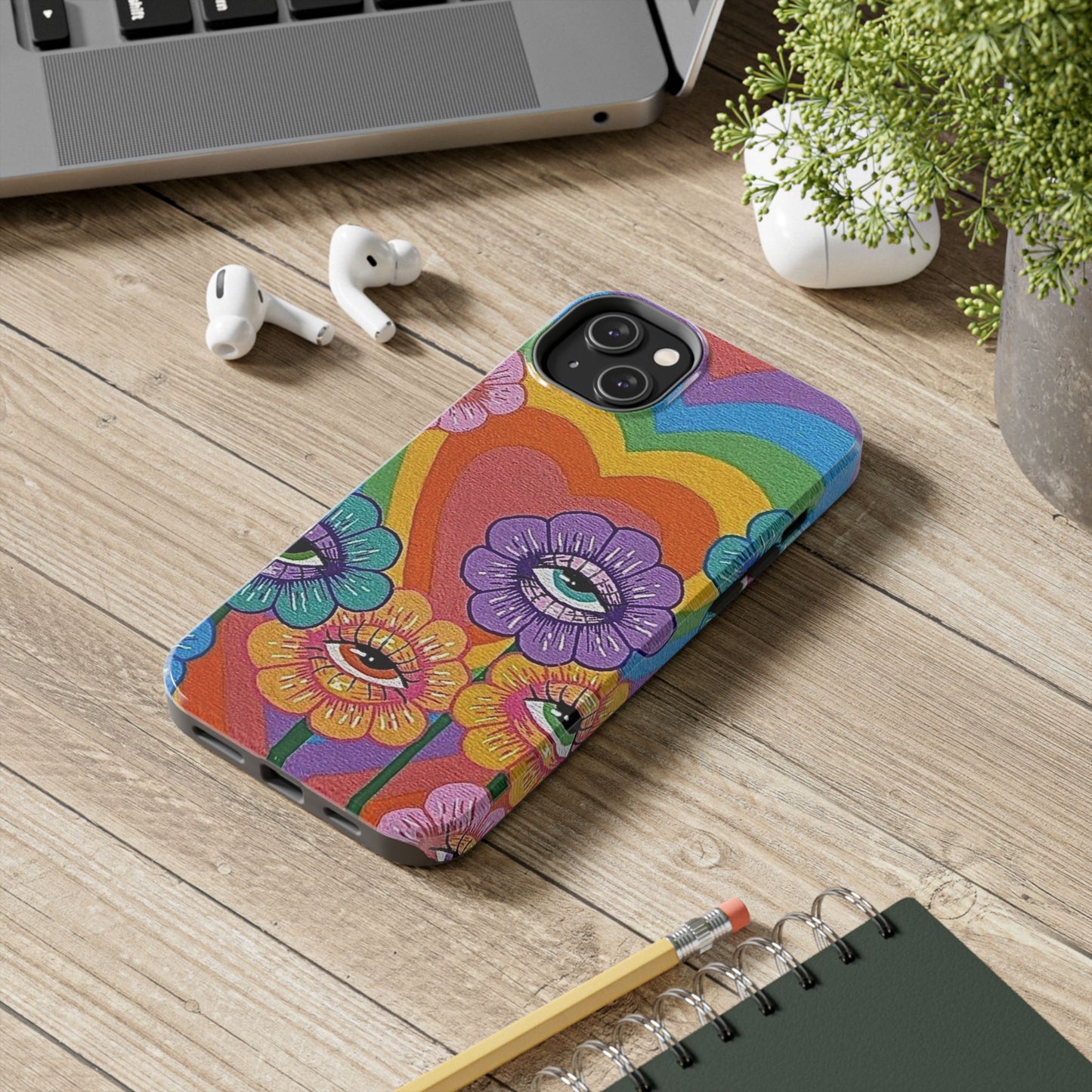 Psychedelic Eye Flower Tough Phone Case — Retro Rainbow Protective iPhone Cover