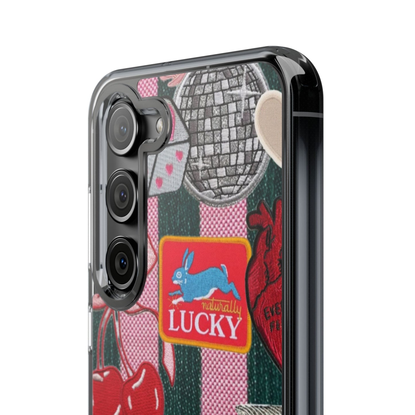 Clear Impact-Resistant Phone Case — Retro Patchwork Stickers (Lucky, Cherries, Silly Goose)