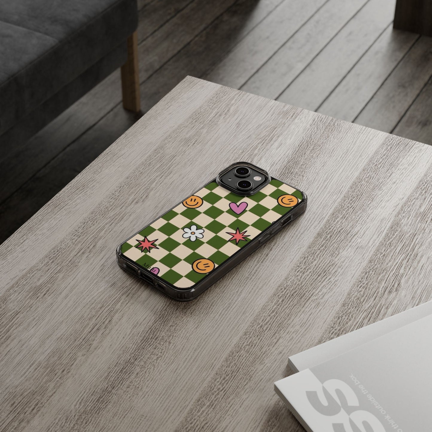 Clear Impact-Resistant Case — Retro Green Checkerboard with Smiley, Hearts & Flowers