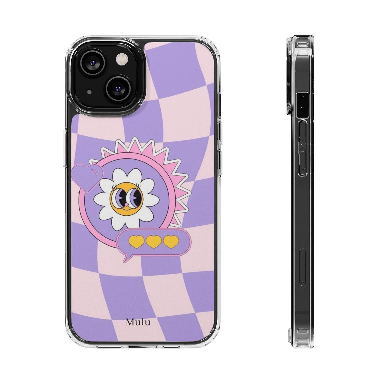 Clear Impact-Resistant Case — Cute Purple Checkerboard Dino with 'Mulu'