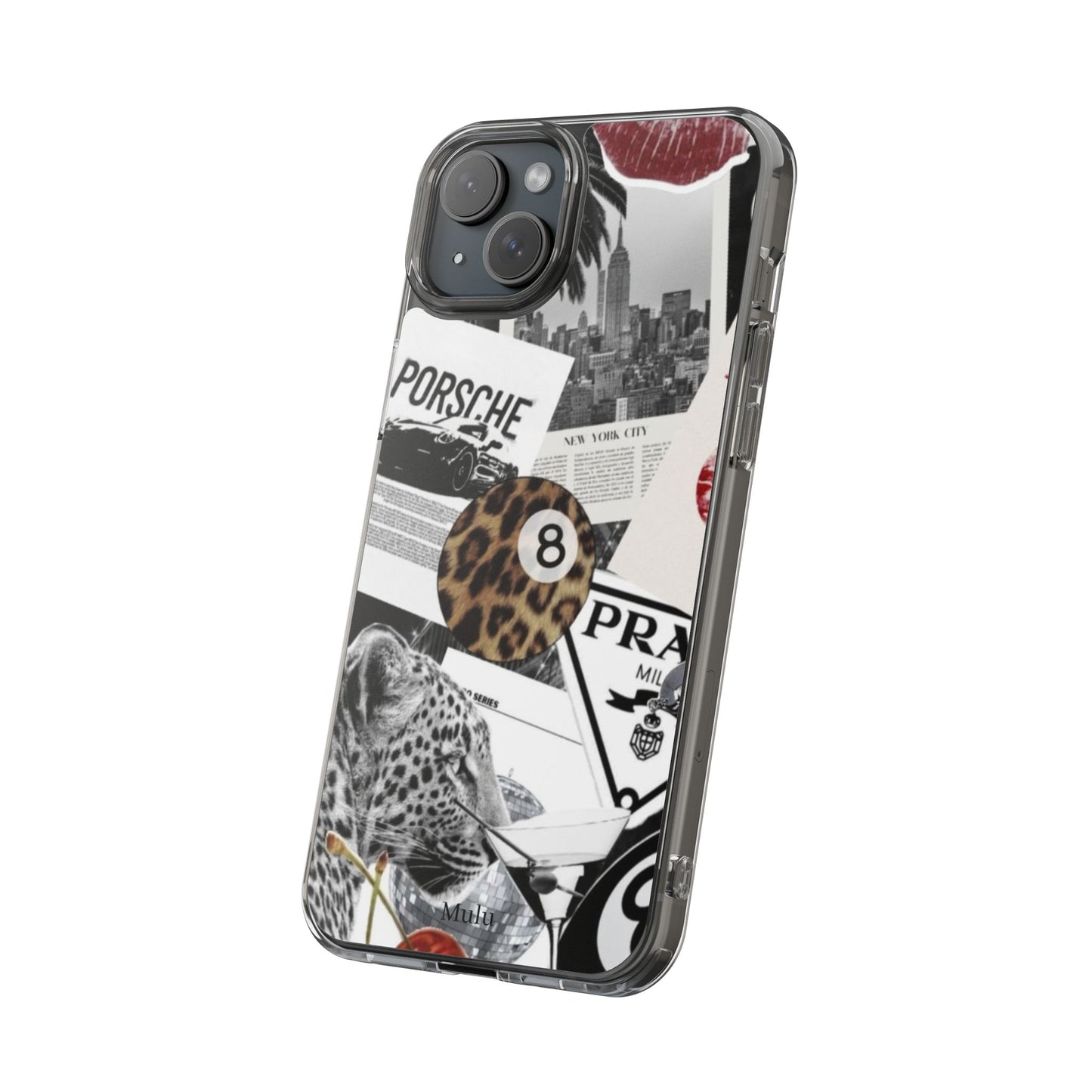 Clear Impact-Resistant Phone Case — Collage Luxury Leopard & Vintage Car Design