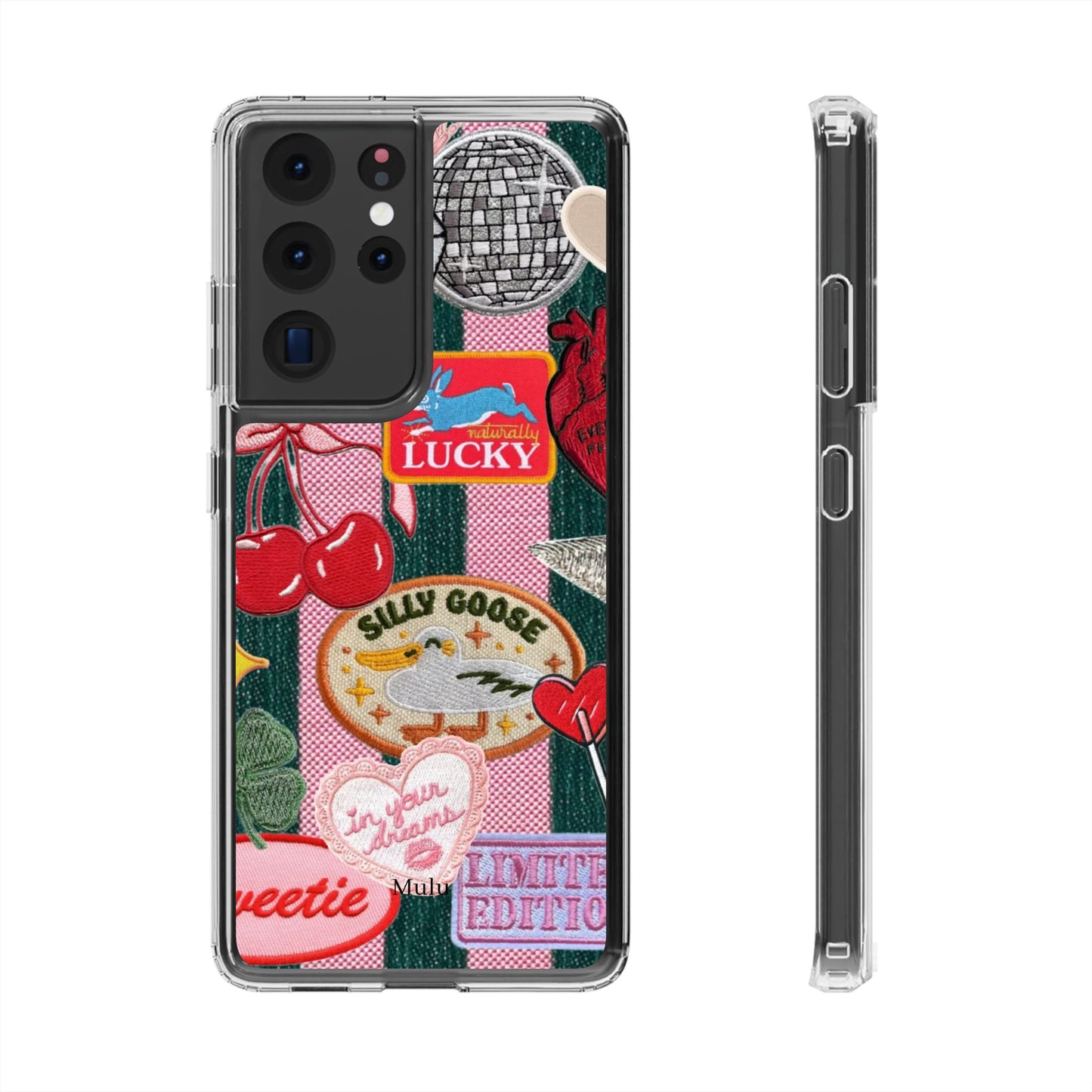 Clear Impact-Resistant Phone Case — Retro Patchwork Stickers (Lucky, Cherries, Silly Goose)