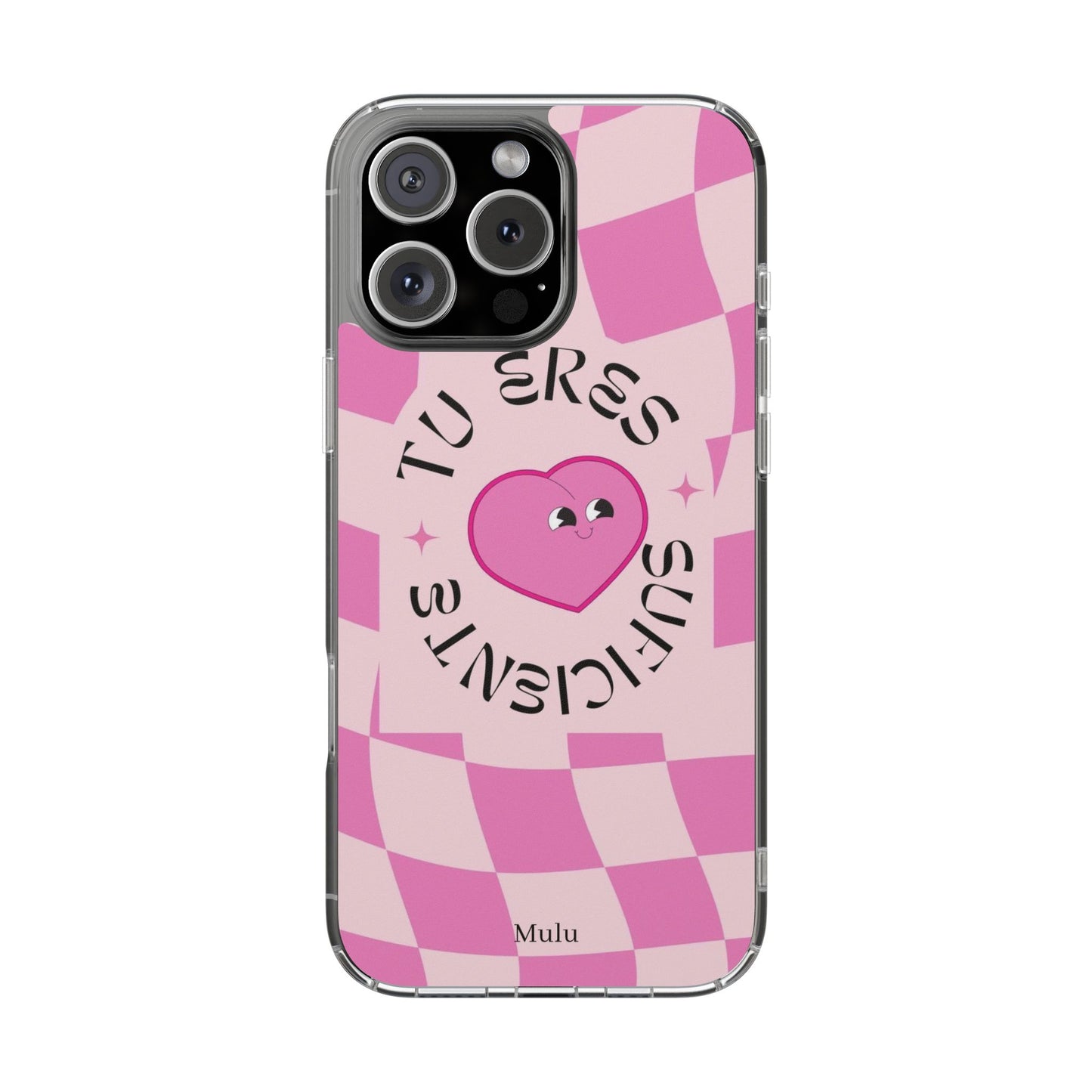 Clear Impact-Resistant Phone Case — Pink Checkerheart “Tu Eres Suficiente” Design