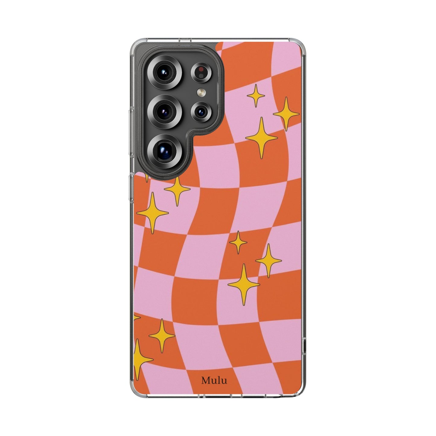 Clear Impact-Resistant Case — Retro Pink & Orange Checker with Sparkle Stars