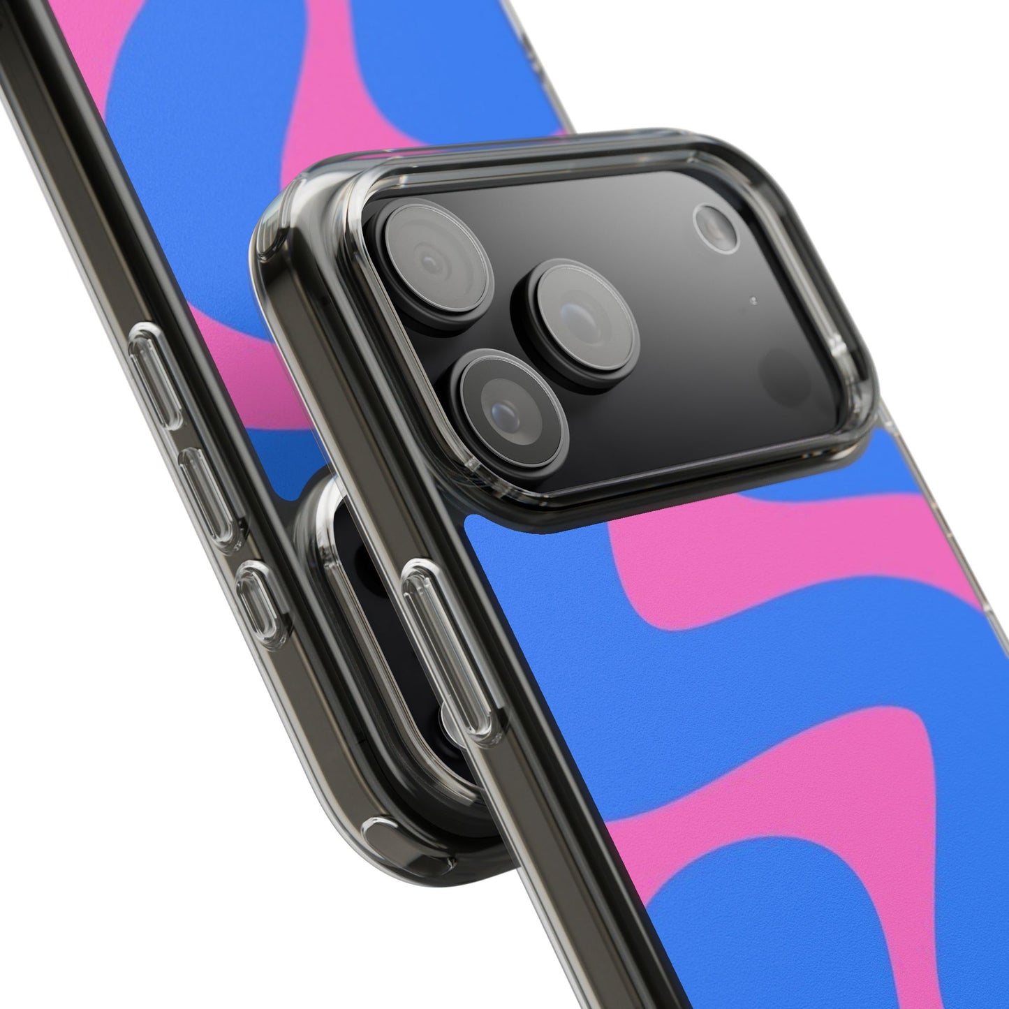 Clear Impact-Resistant Phone Case — Retro Blue & Pink Abstract Swirl