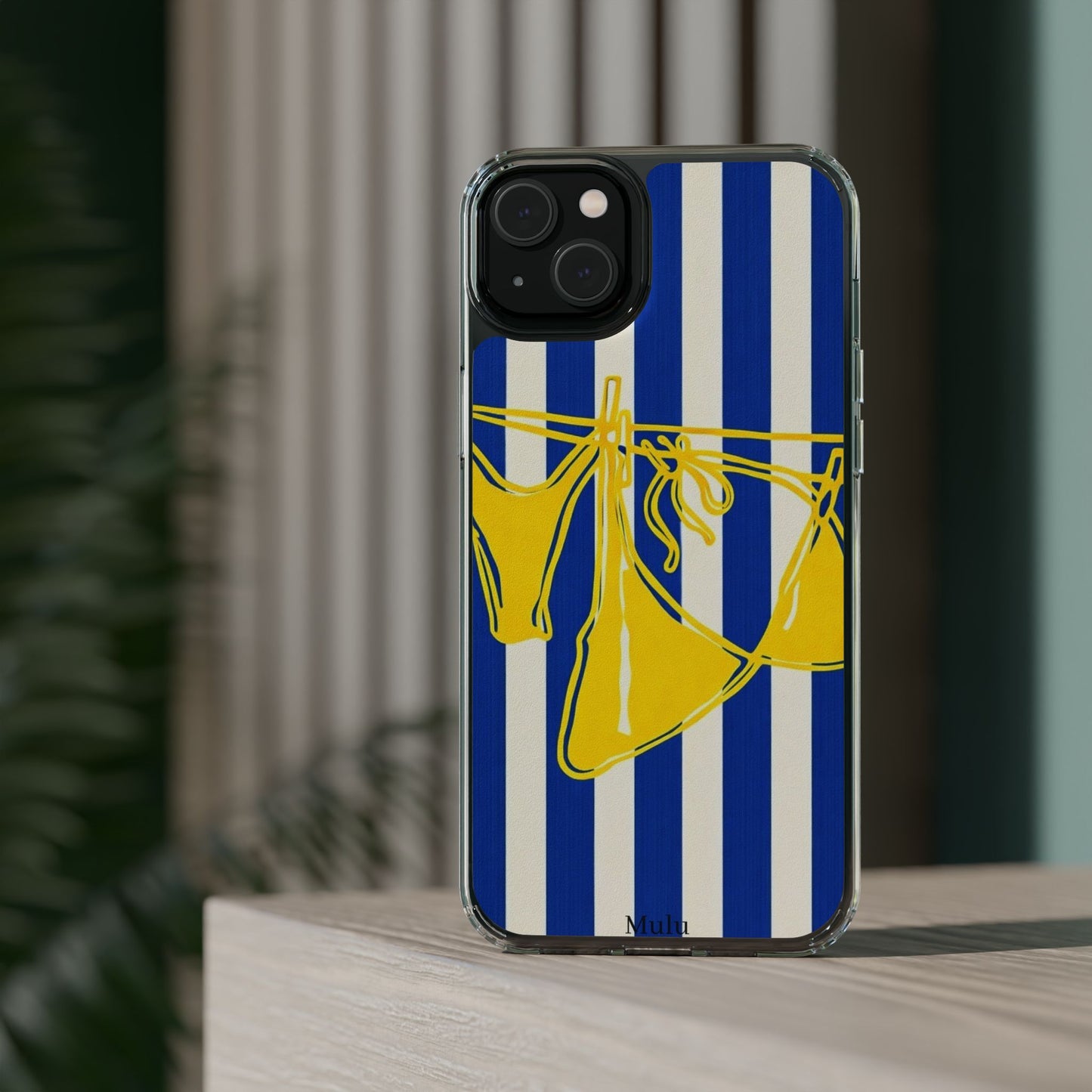 Striped Beach Bikini Phone Case — Yellow Swimwear on Blue & White Stripes, Clear Impact-Resistant