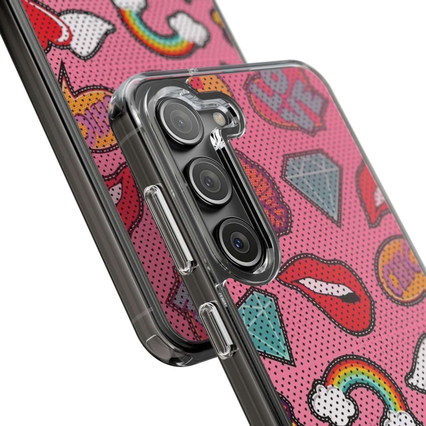 Clear Impact-Resistant Phone Case — Pink Pop Sticker Pattern (Hearts, Rainbows, Smileys)