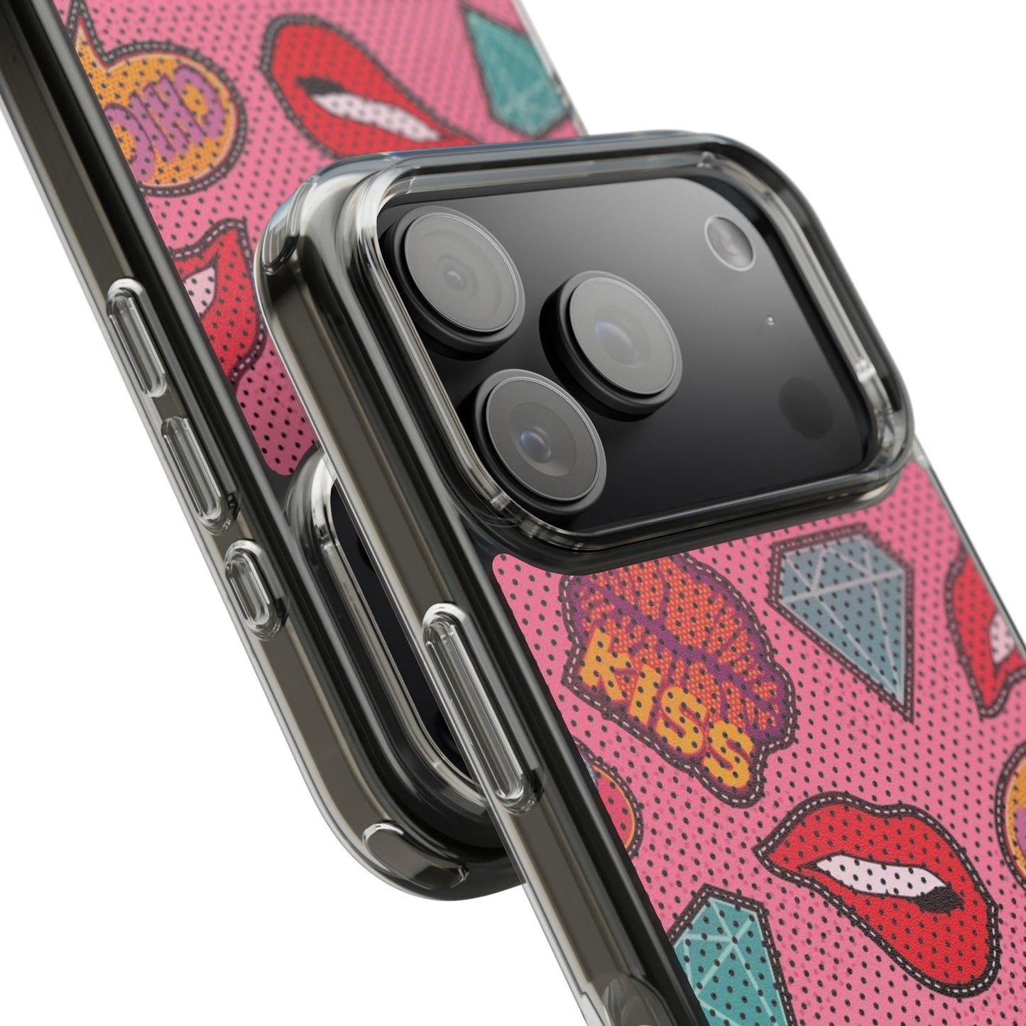 Clear Impact-Resistant Phone Case — Pink Pop Sticker Pattern (Hearts, Rainbows, Smileys)