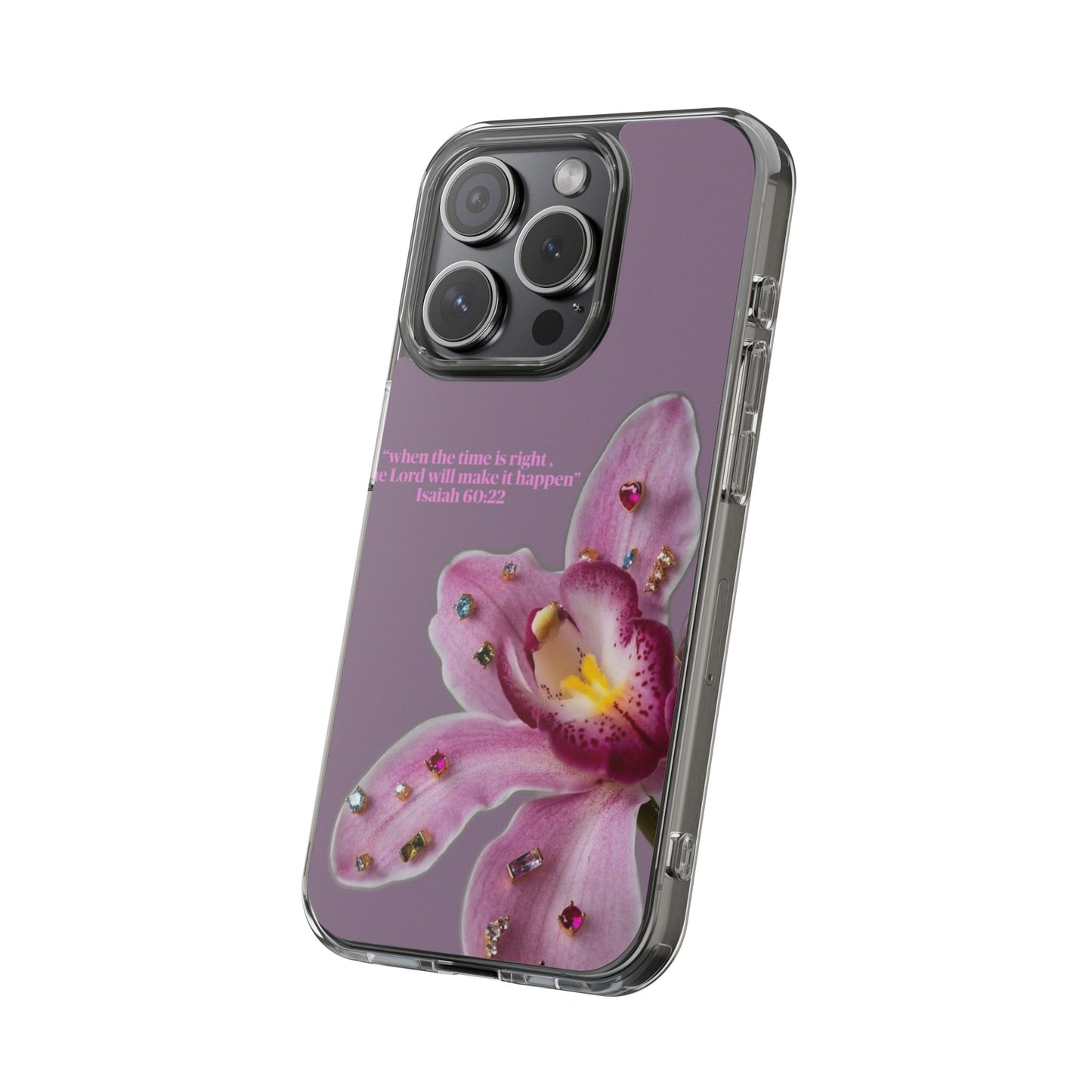 Clear Floral Impact-Resistant Phone Case — "When the time is right" Rose Orchid Design