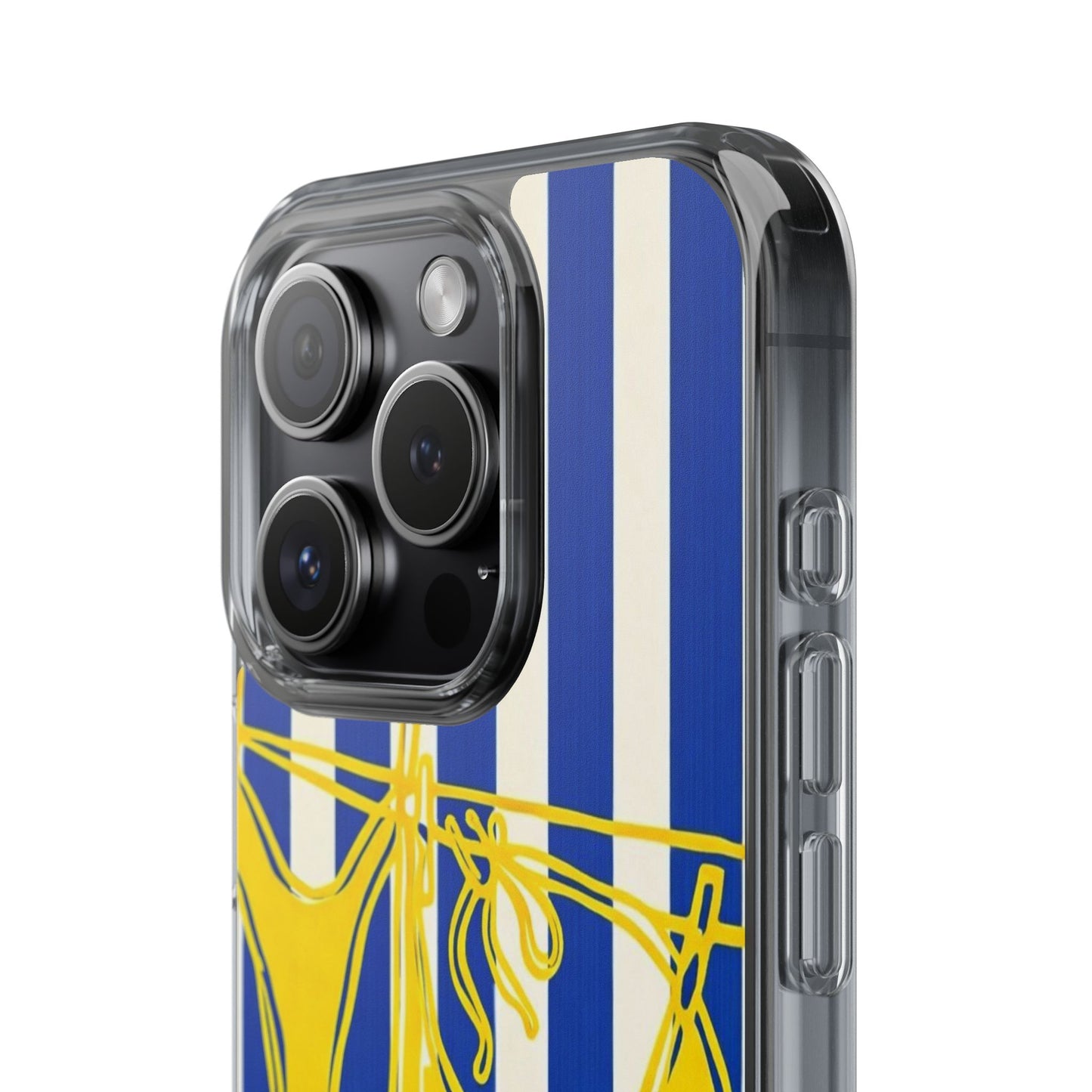 Striped Beach Bikini Phone Case — Yellow Swimwear on Blue & White Stripes, Clear Impact-Resistant