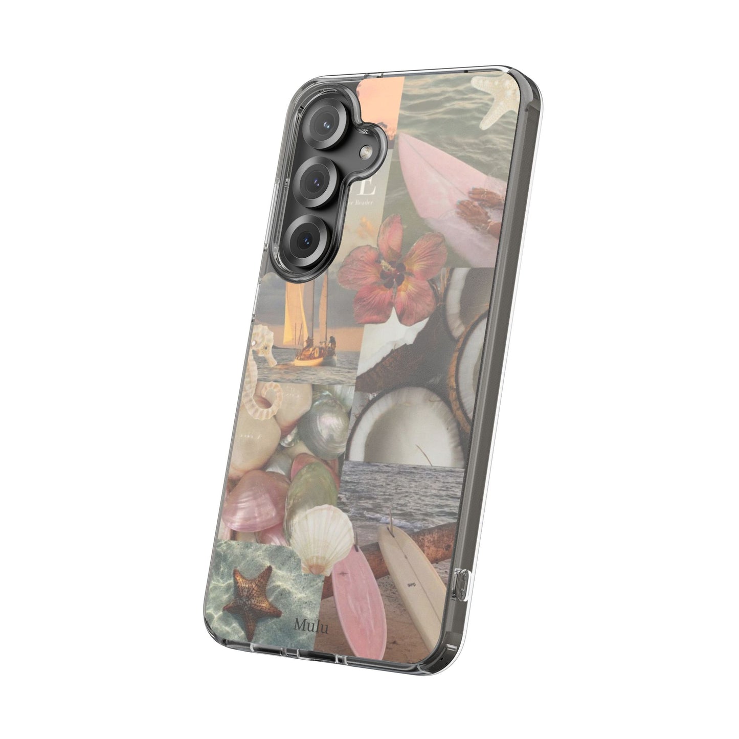 Clear Phone Case — Coastal Collage Shells & Surf Design