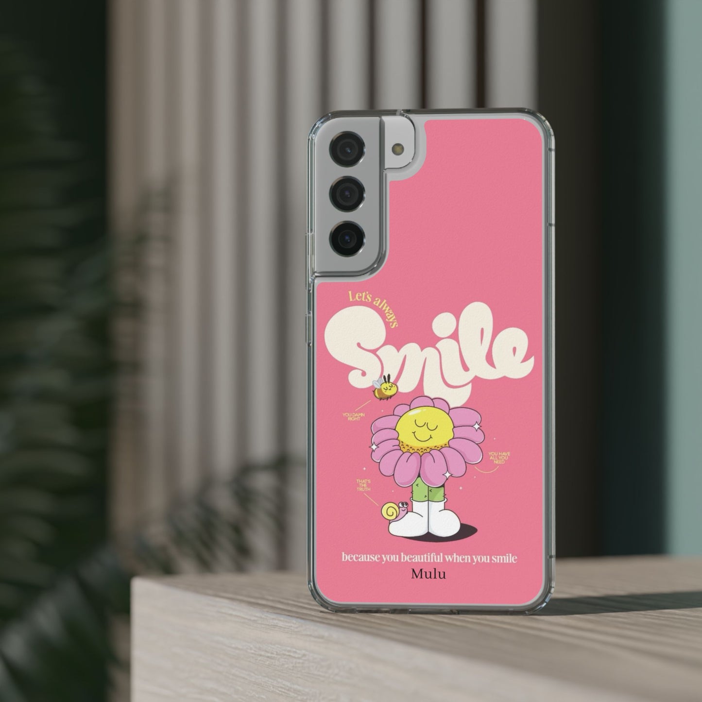 Clear Impact-Resistant Phone Case — Pink 'Smile' Flower Design