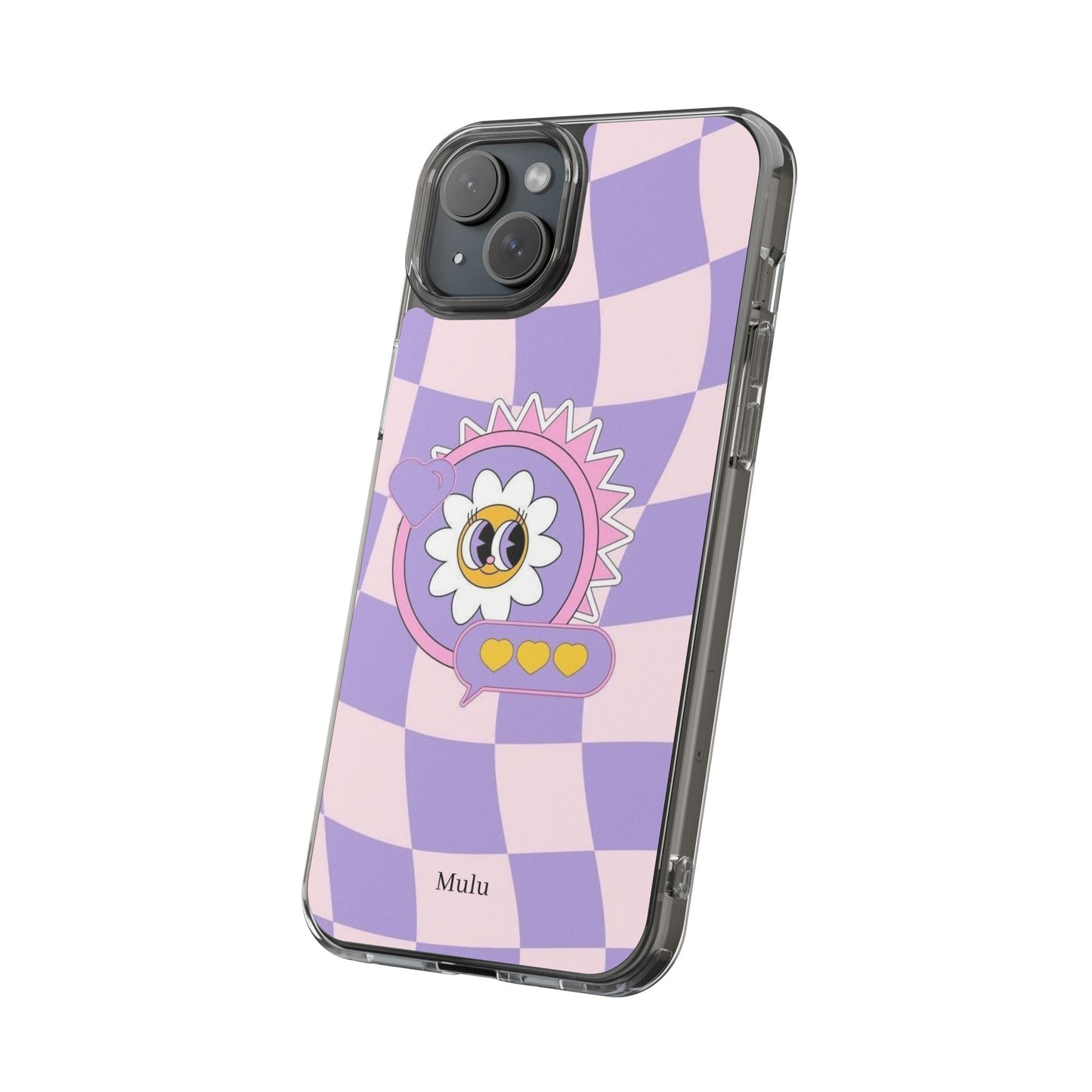 Clear Impact-Resistant Case — Cute Purple Checkerboard Dino with 'Mulu'