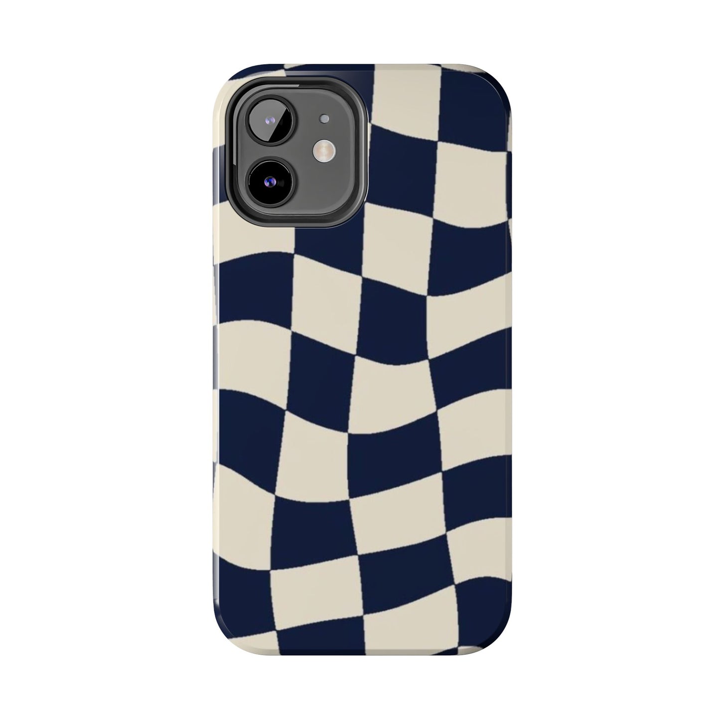 Wavy Checkerboard Tough Phone Case — Navy & Cream Protective Cover