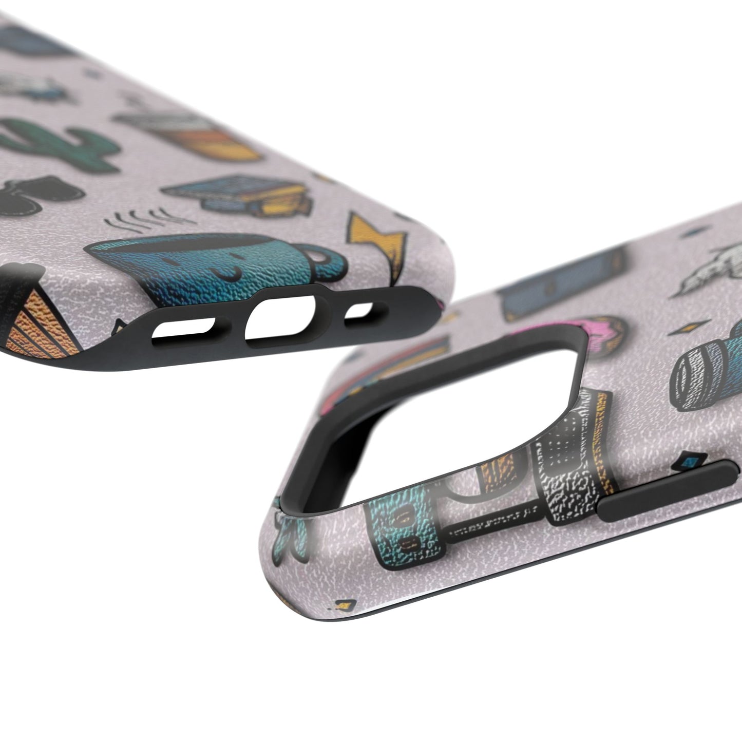 Cute Doodle Phone Case — Magnetic Impact-Resistant Design (coffee, rainbow, cactus)