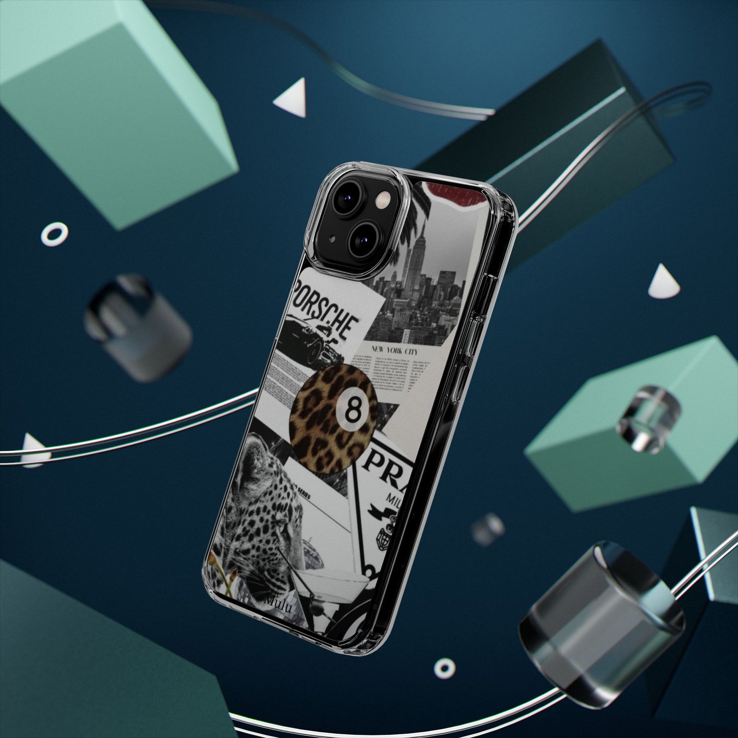 Clear Impact-Resistant Phone Case — Collage Luxury Leopard & Vintage Car Design