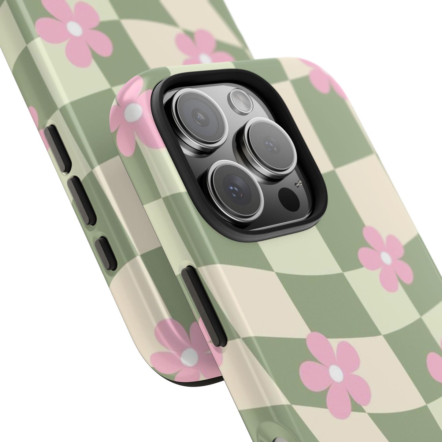 Tough Phone Case — Retro Green Checkerboard with Pink Flowers