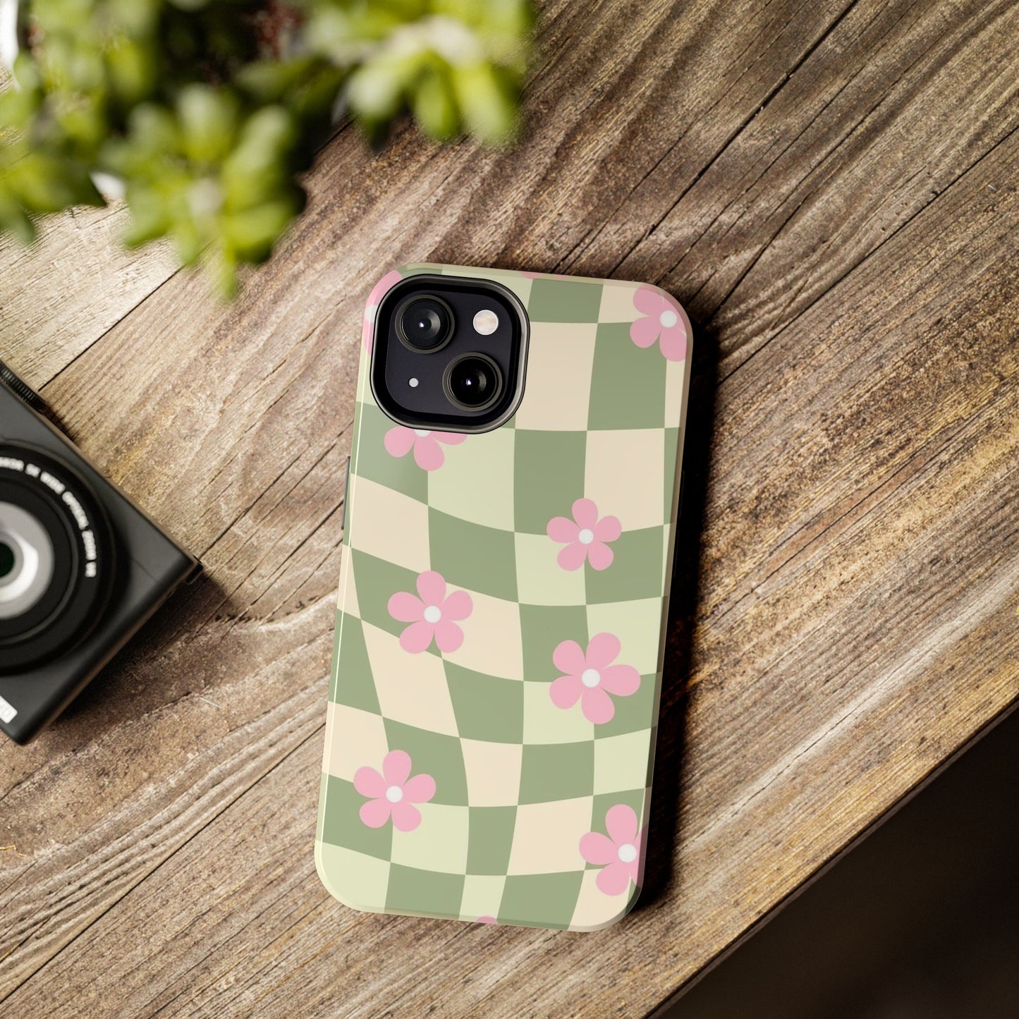 Tough Phone Case — Retro Green Checkerboard with Pink Flowers
