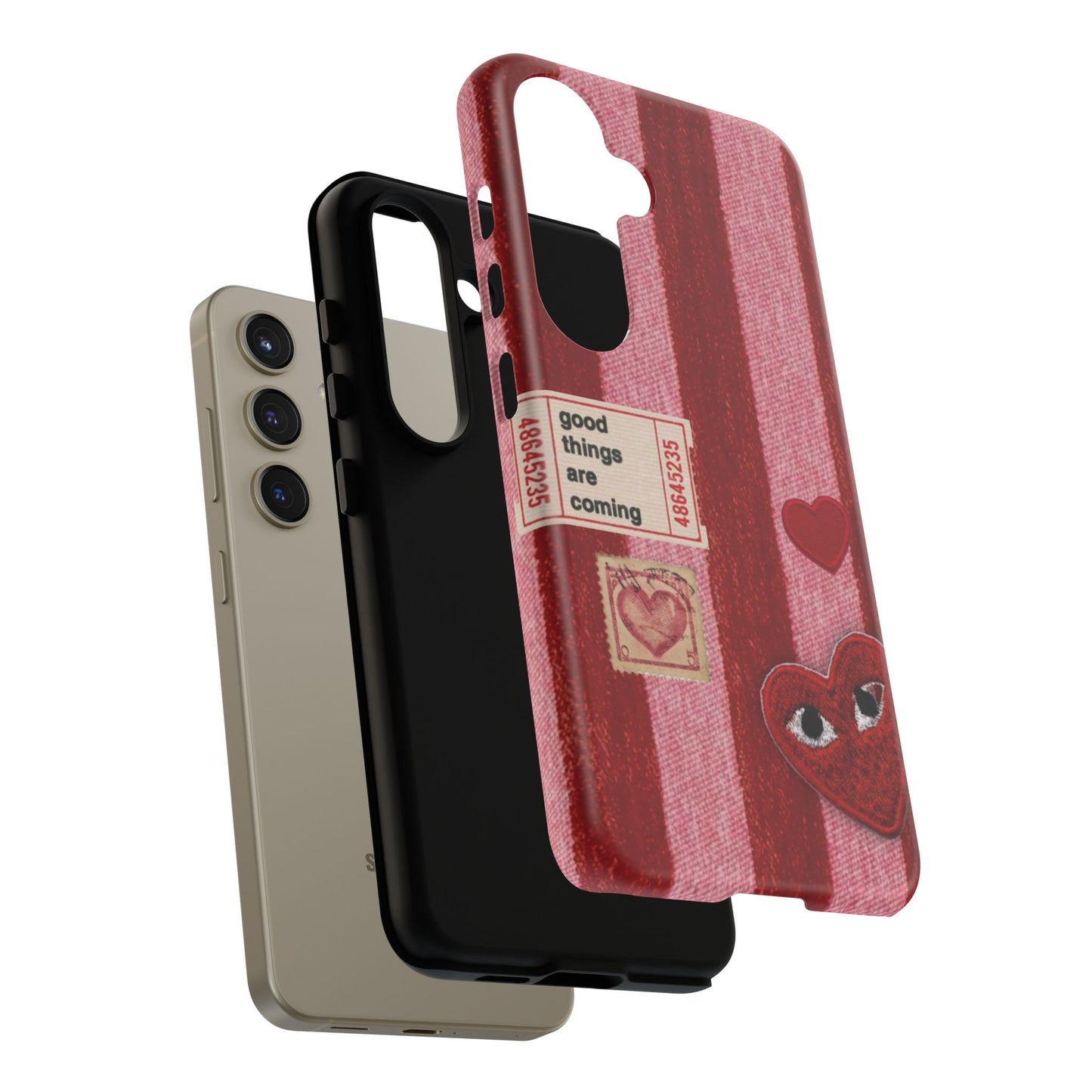 Phone Case — Red Striped Heart Design with “Good Things Are Coming”