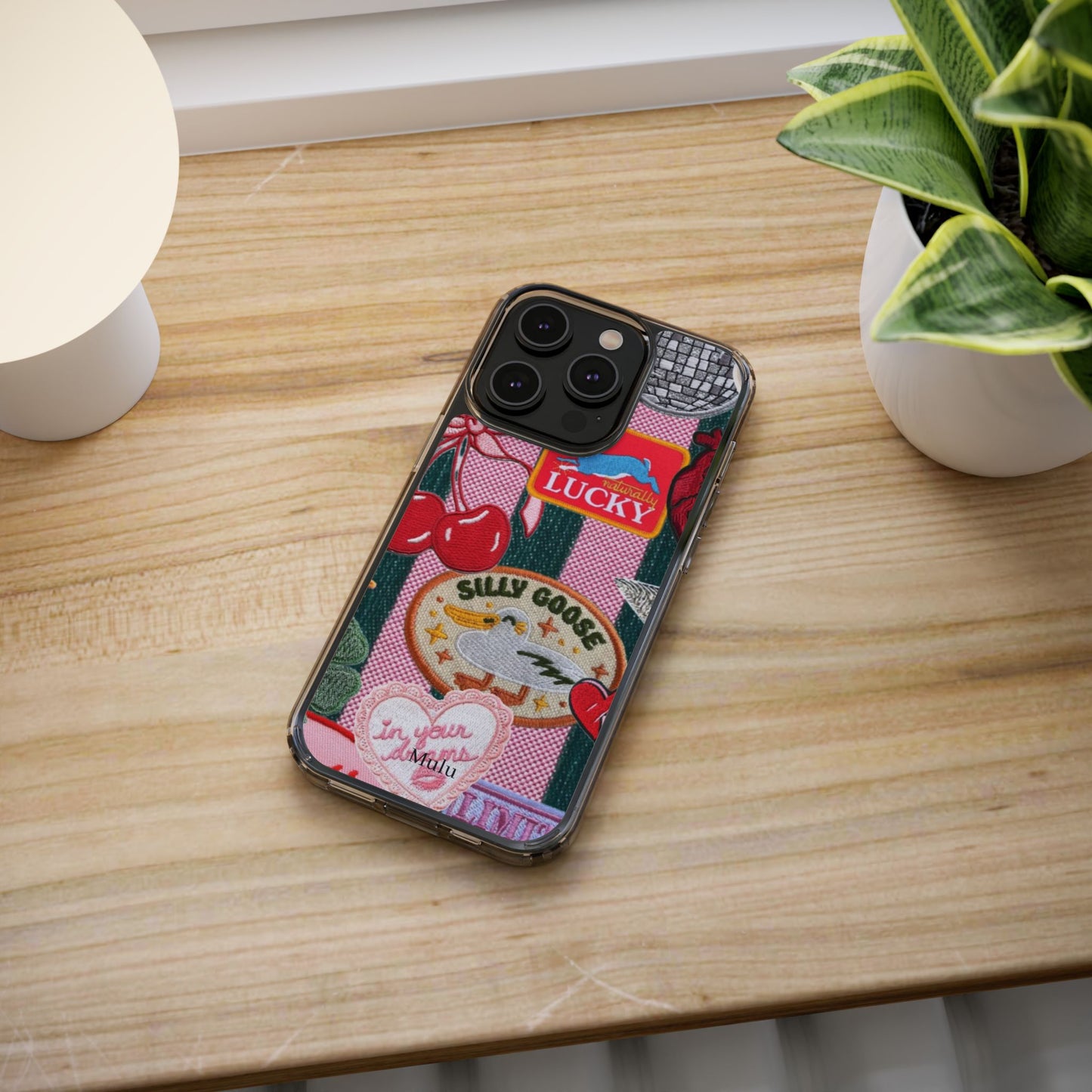 Clear Impact-Resistant Phone Case — Retro Patchwork Stickers (Lucky, Cherries, Silly Goose)