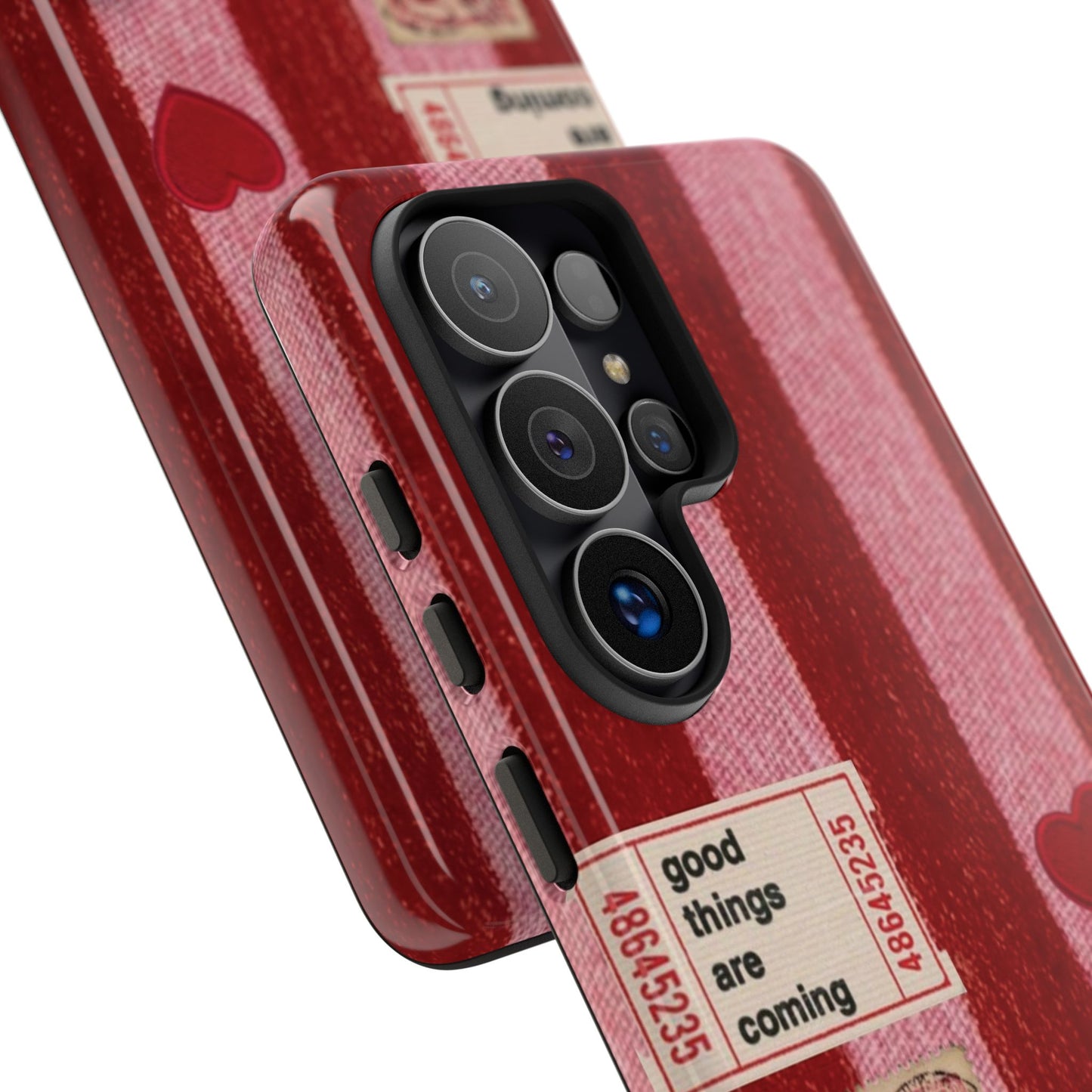 Phone Case — Red Striped Heart Design with “Good Things Are Coming”