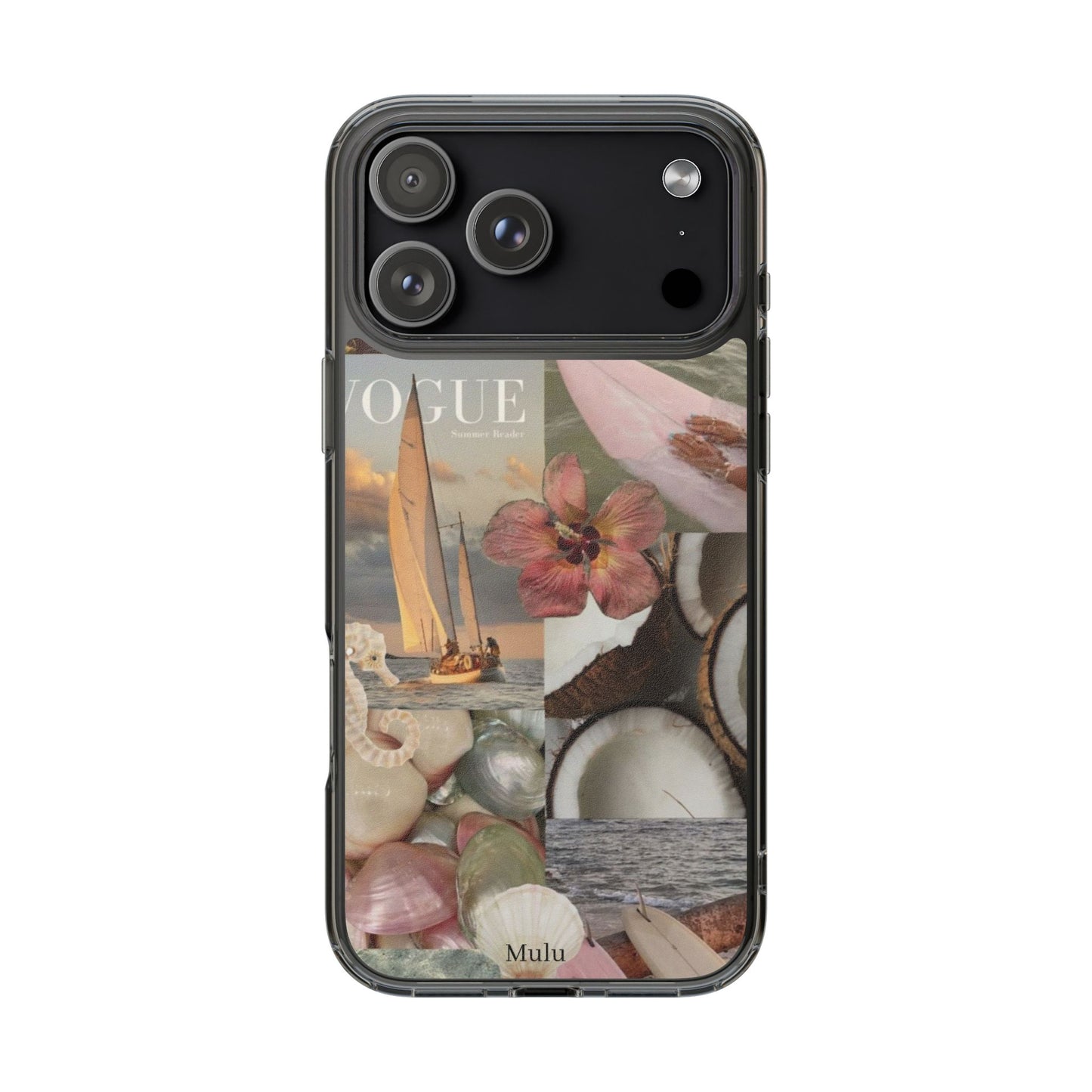 Clear Phone Case — Coastal Collage Shells & Surf Design