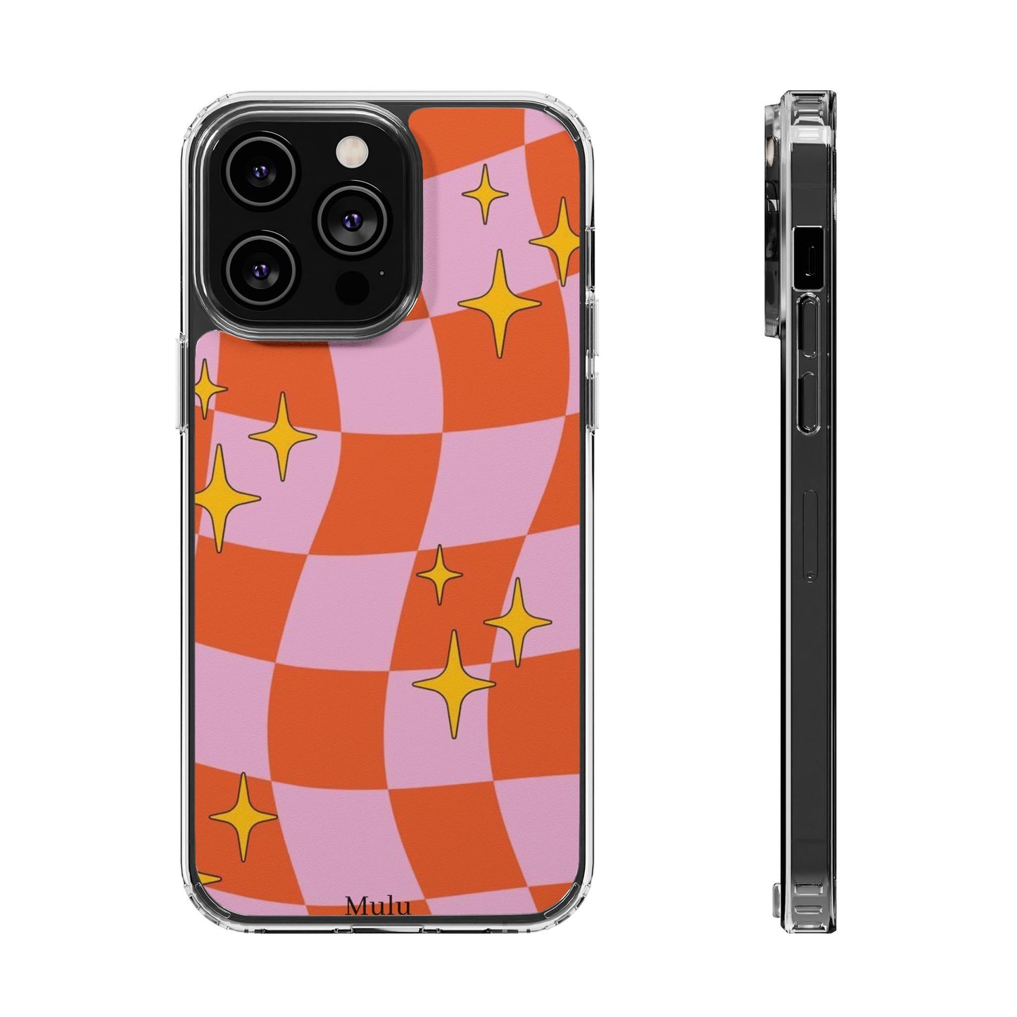 Clear Impact-Resistant Case — Retro Pink & Orange Checker with Sparkle Stars