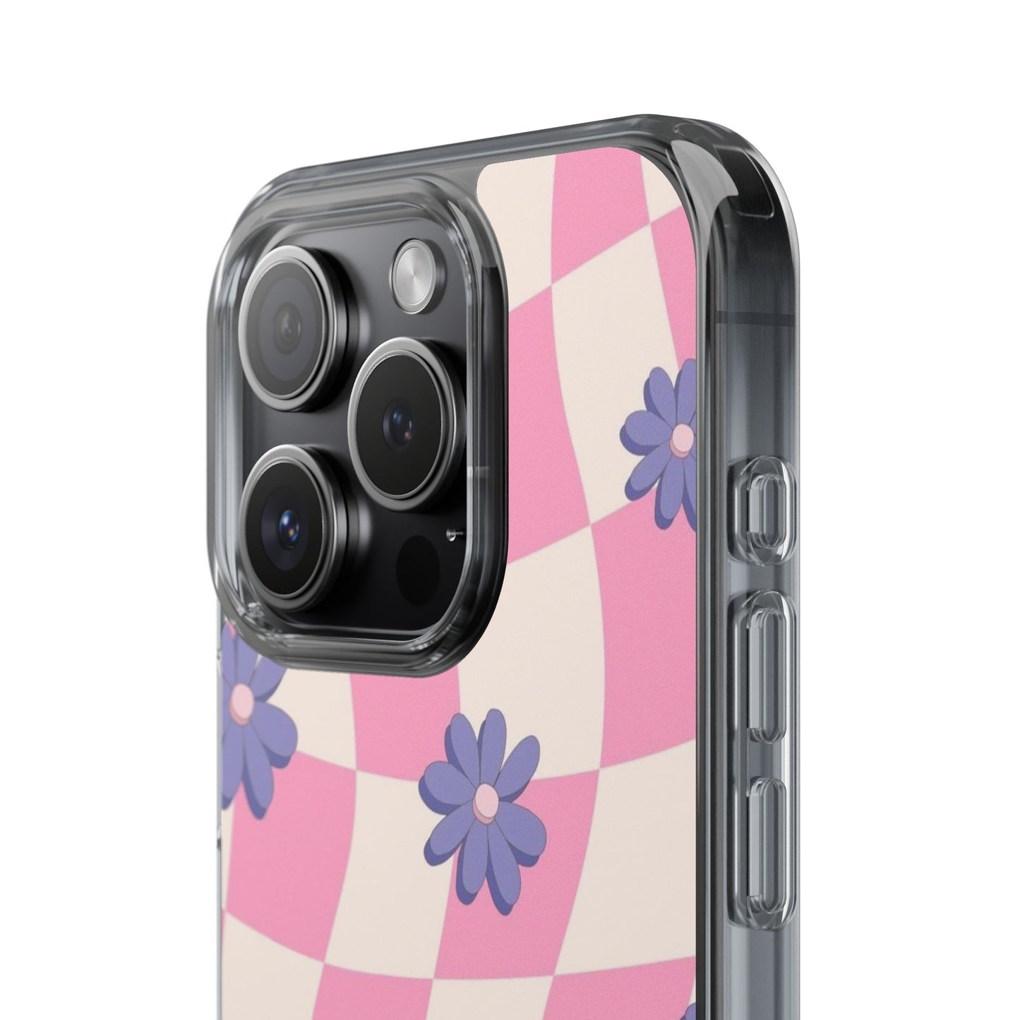 Clear Impact Phone Case — Pink Checkerboard with Purple Flowers