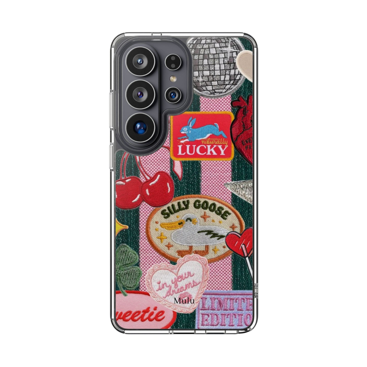 Clear Impact-Resistant Phone Case — Retro Patchwork Stickers (Lucky, Cherries, Silly Goose)