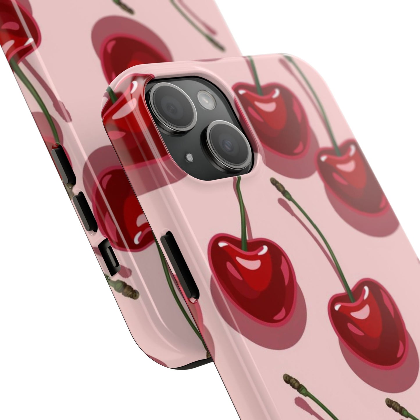 Cherry Pattern Tough Phone Case — Retro Pink Cherry Print Protective Phone Case