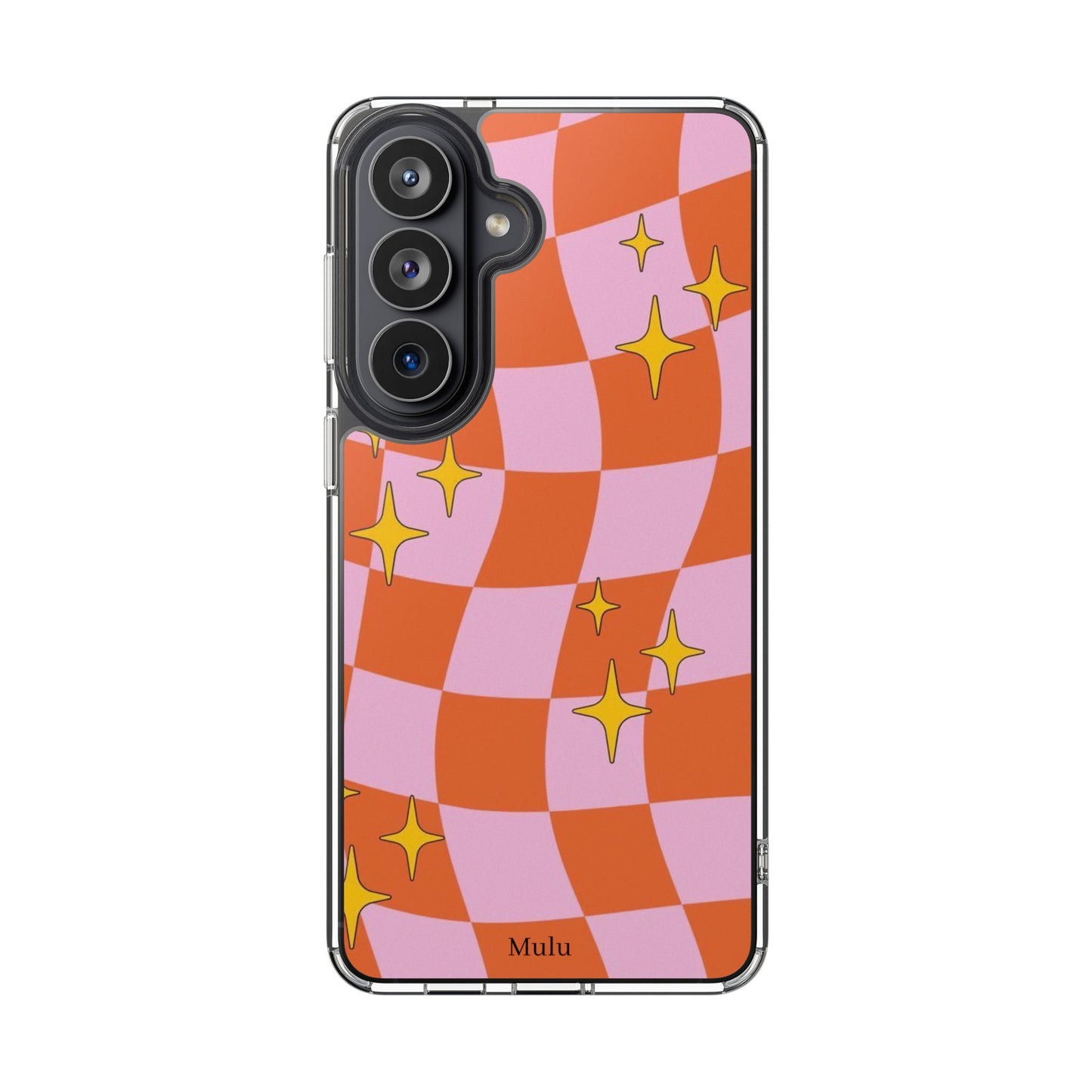 Clear Impact-Resistant Case — Retro Pink & Orange Checker with Sparkle Stars