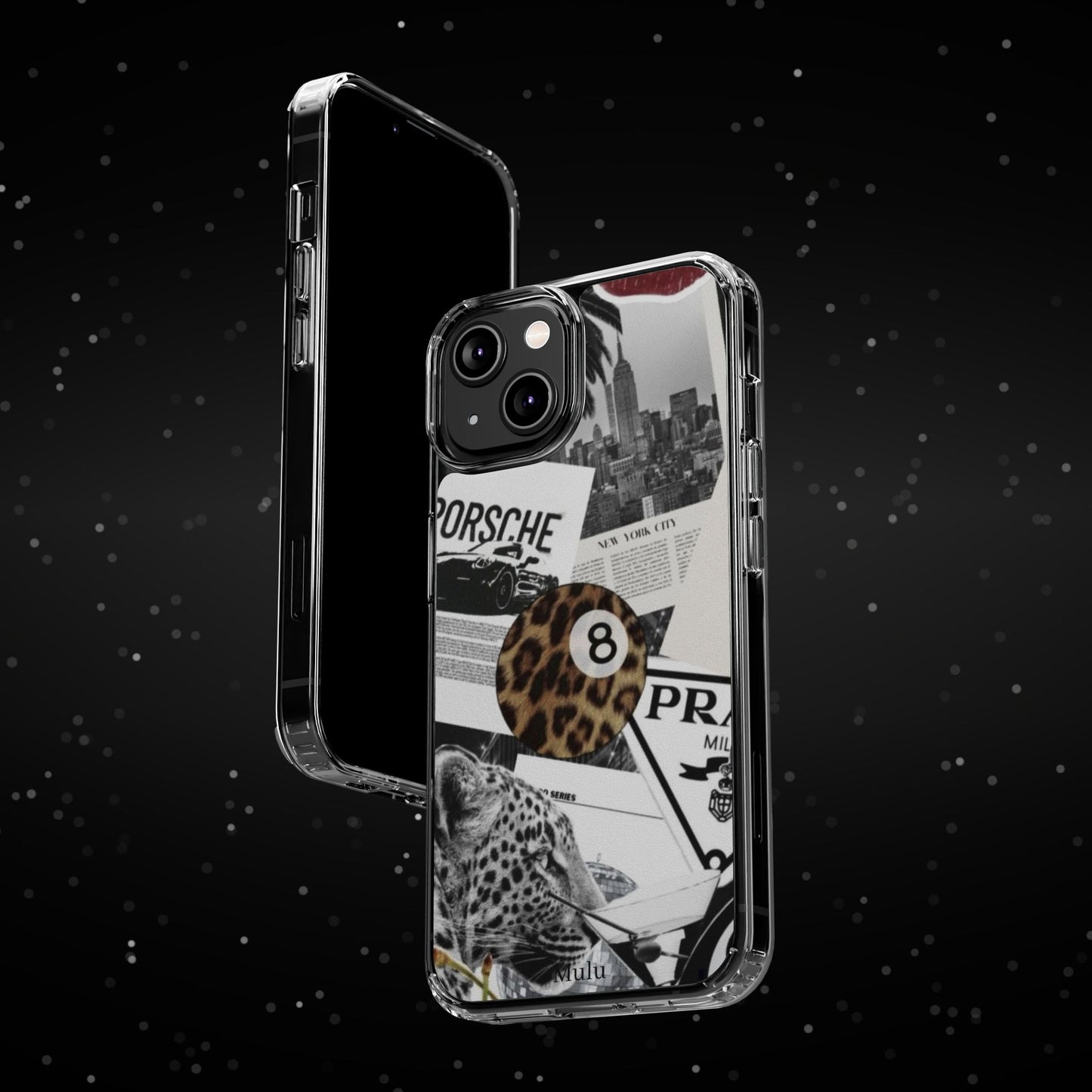 Clear Impact-Resistant Phone Case — Collage Luxury Leopard & Vintage Car Design