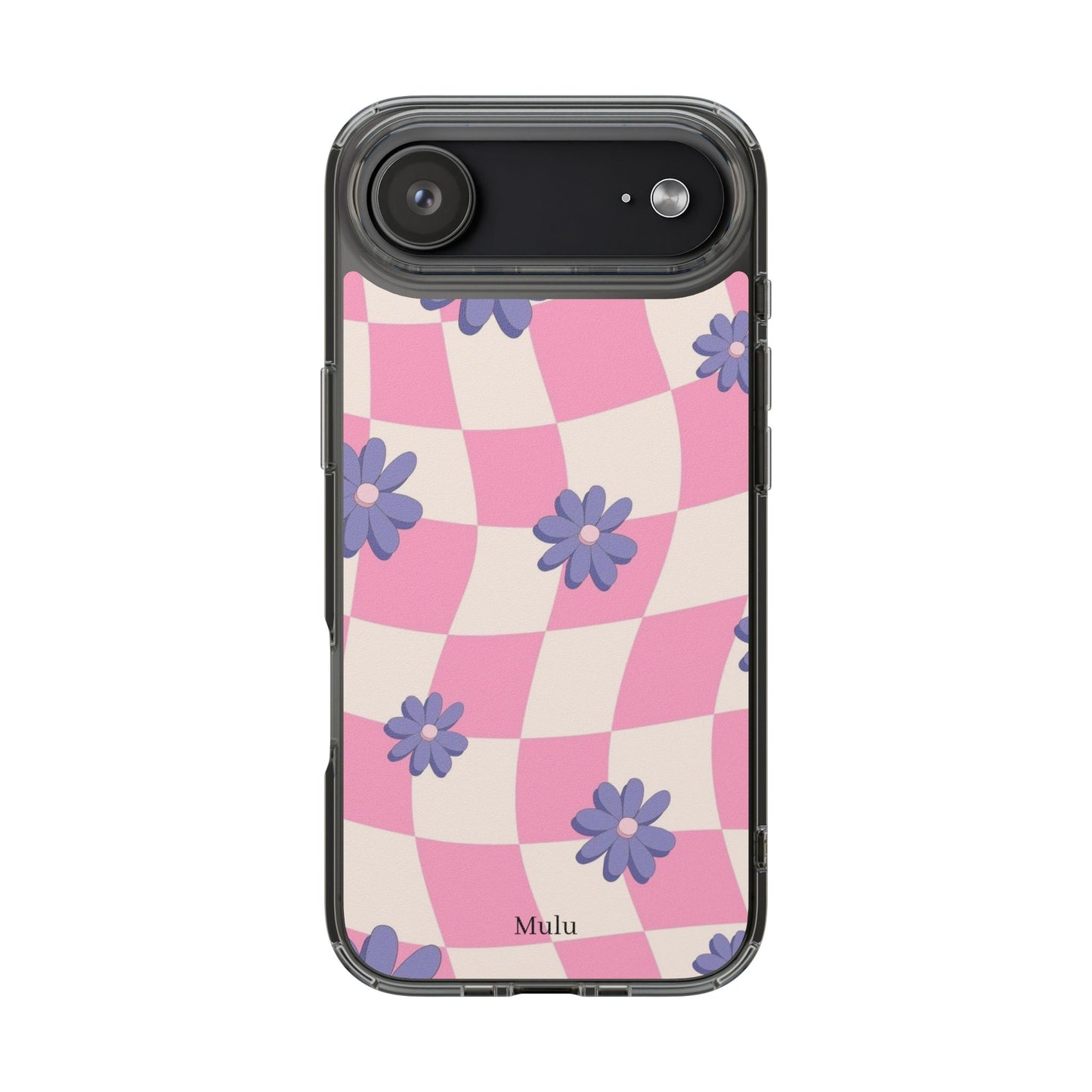 Clear Impact Phone Case — Pink Checkerboard with Purple Flowers
