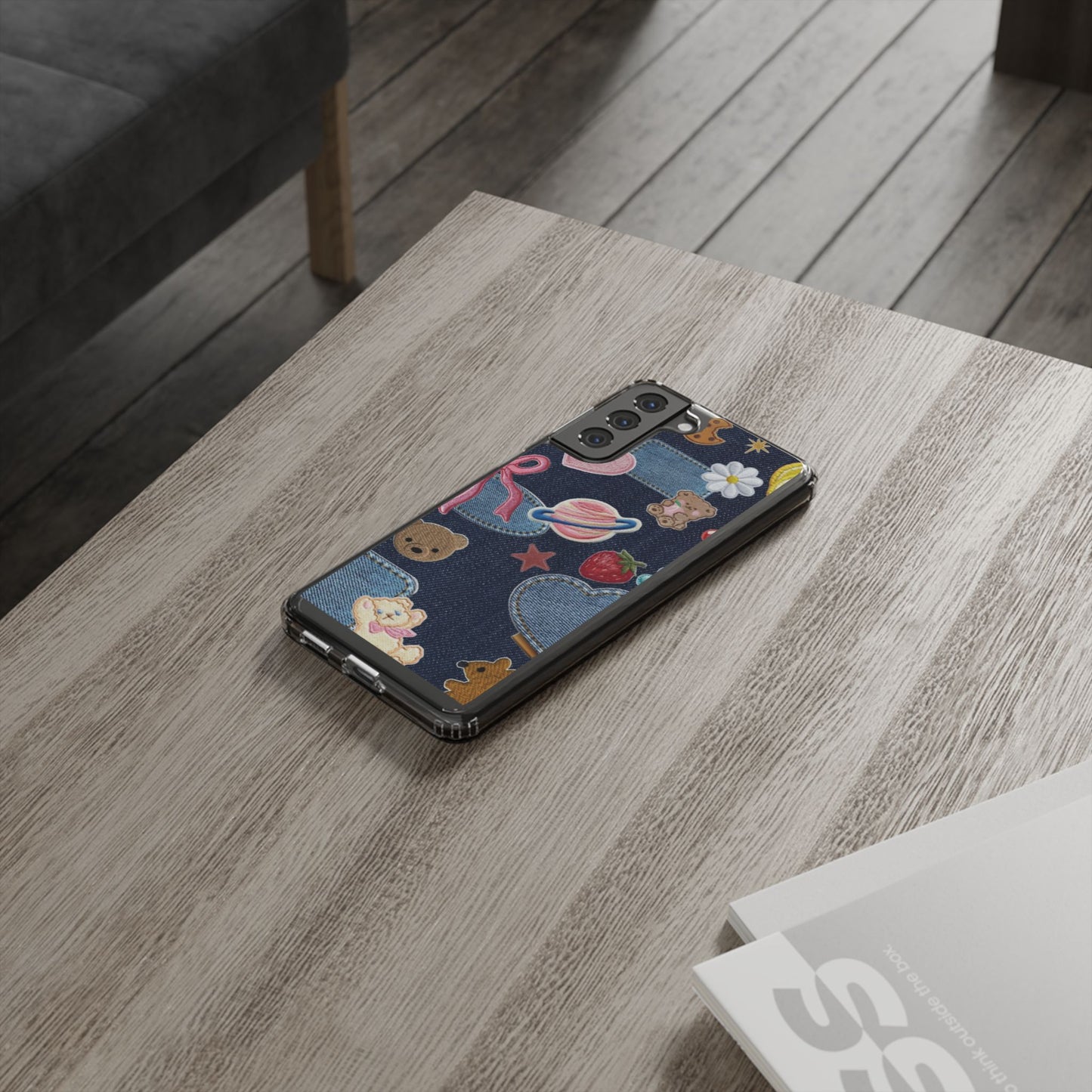 Clear Impact-Resistant Phone Case — Cute Denim Patch Collage (Teddy, Strawberry, Planet)