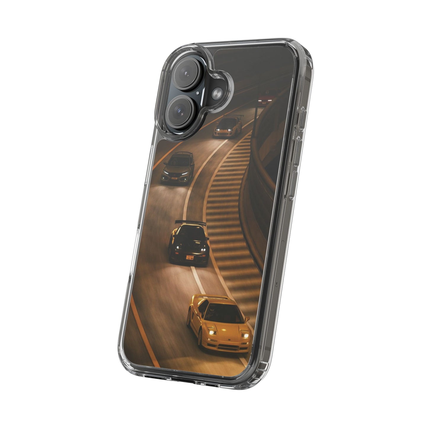 Racing Night Clear Phone Case – Sports Cars on Curved Highway