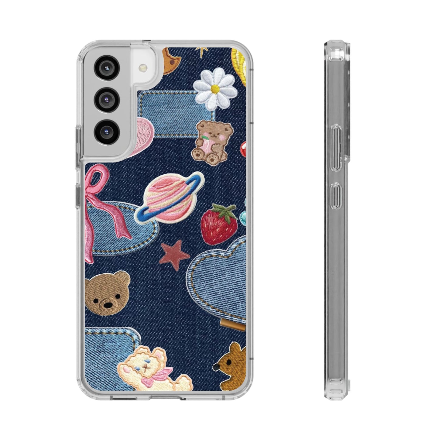 Clear Impact-Resistant Phone Case — Cute Denim Patch Collage (Teddy, Strawberry, Planet)